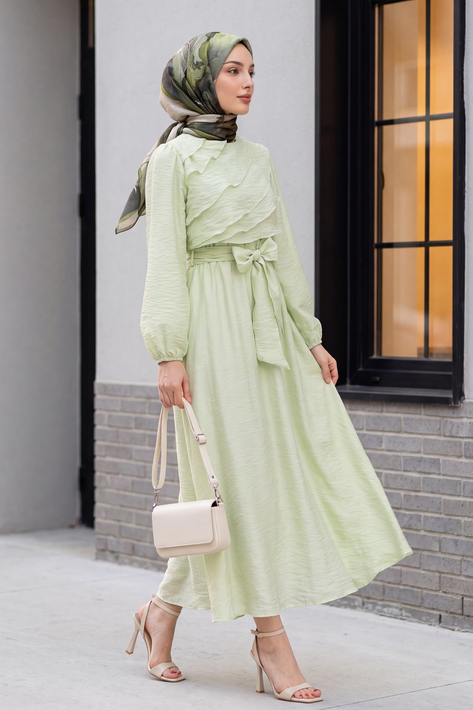 Belted Elastic Waist Balloon Sleeve Lined Chiffon Dress - Sea Green - Podyumplus - by Peralane - photo 5