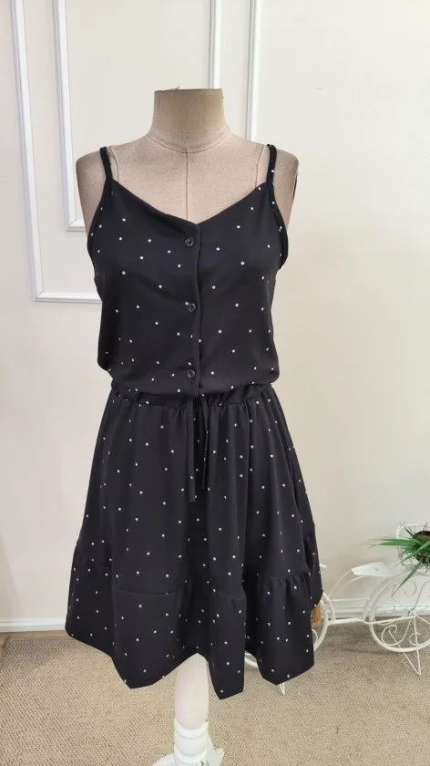 Women's Black Polka Dot Spaghetti Strap V-Neck Button Dress with Drawstring Waist - Janes - by Peralane - photo 4