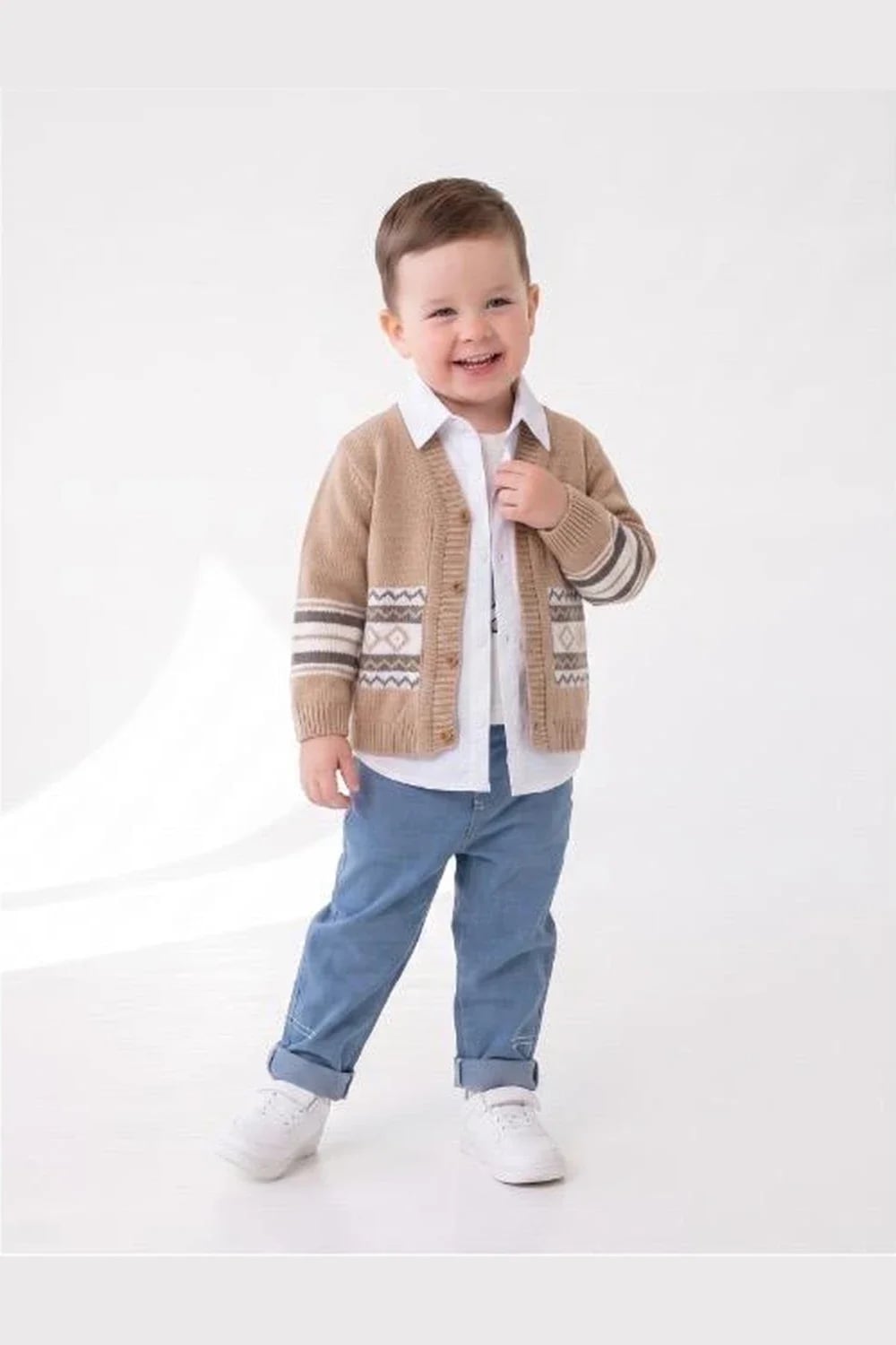 Toddler Boy Knit Cardigan Set with Shirt - Beige - Has Bereket - by Peralane