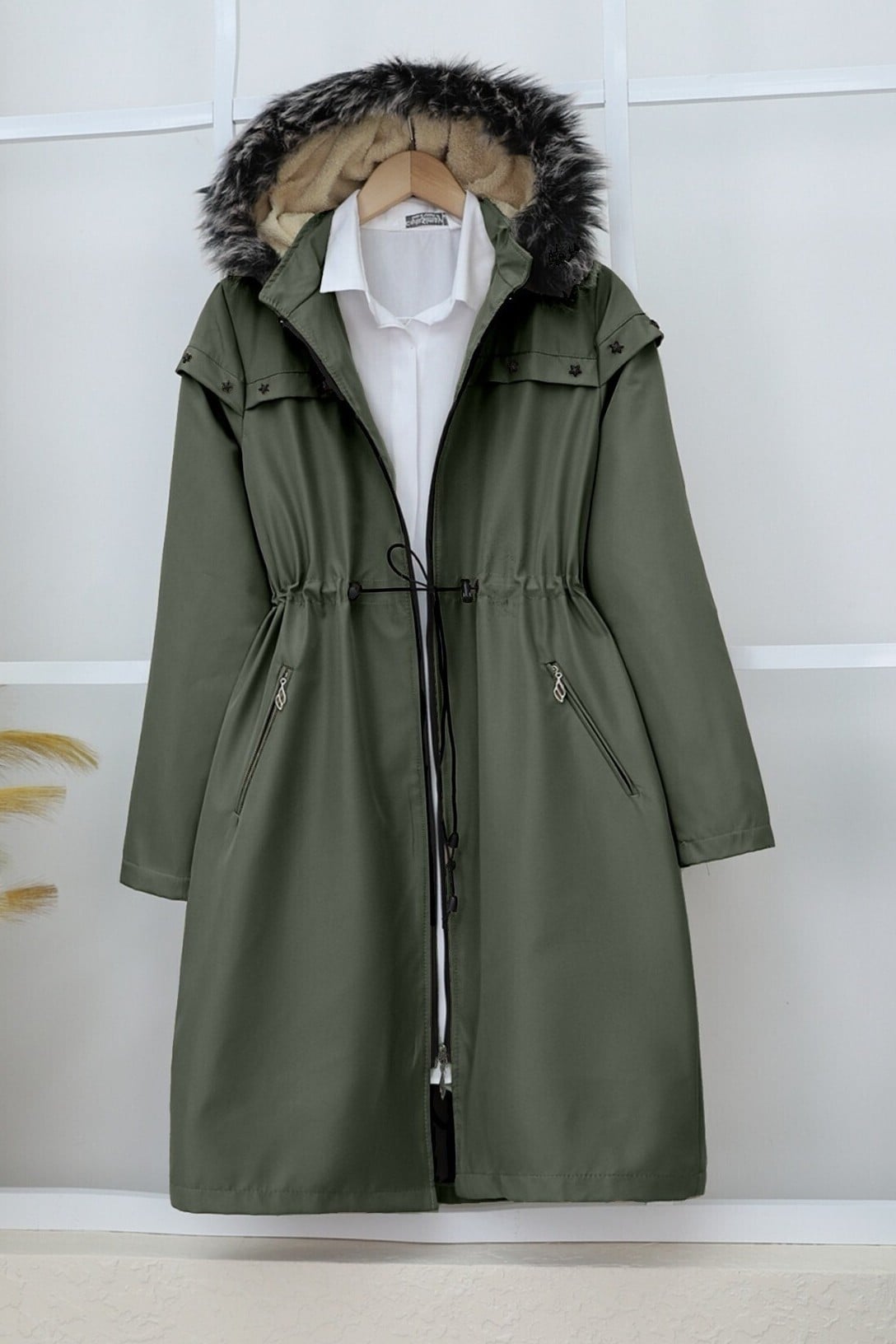 Women's Hooded Parka Coat with Faux Fur Trim - Olive Green - Podyumplus - by Peralane - photo 3