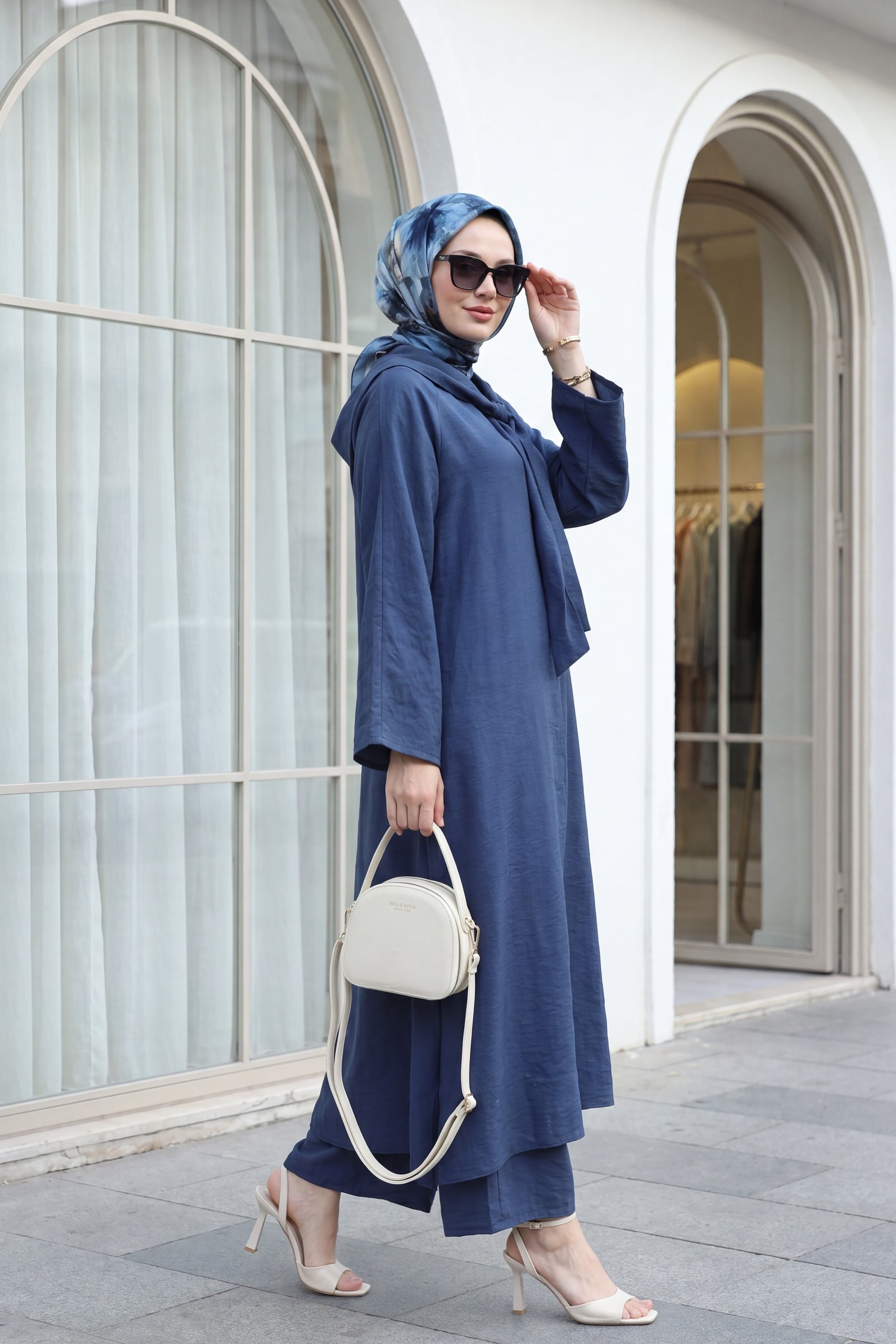 Navy Blue Fular Detail Deep Slit Modal Abaya and Trouser Set - Podyumplus - by Peralane - photo 2