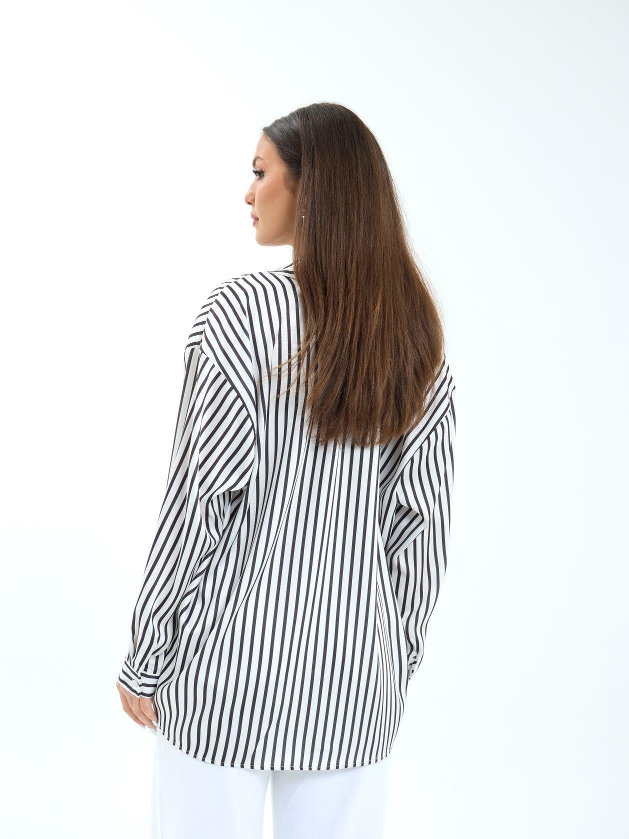 Black and White Striped Long-Sleeve Blouse with Collar - Fame - by Peralane - photo 2