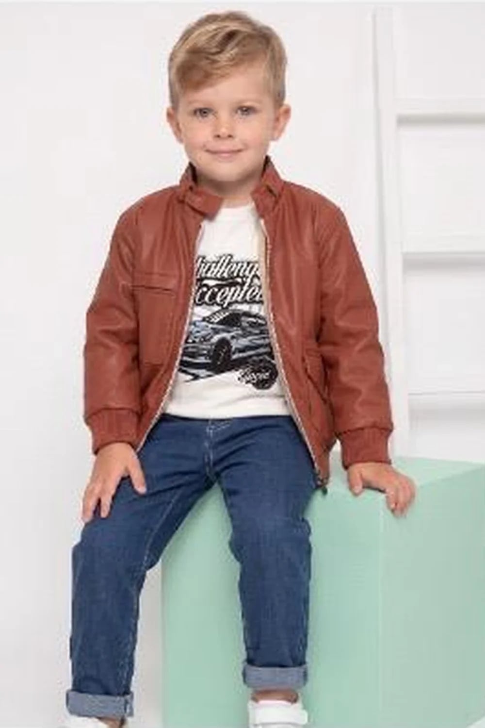 Boys' 4-Piece Set with Faux Leather Jacket and T-Shirt - Rust - Has Bereket - by Peralane