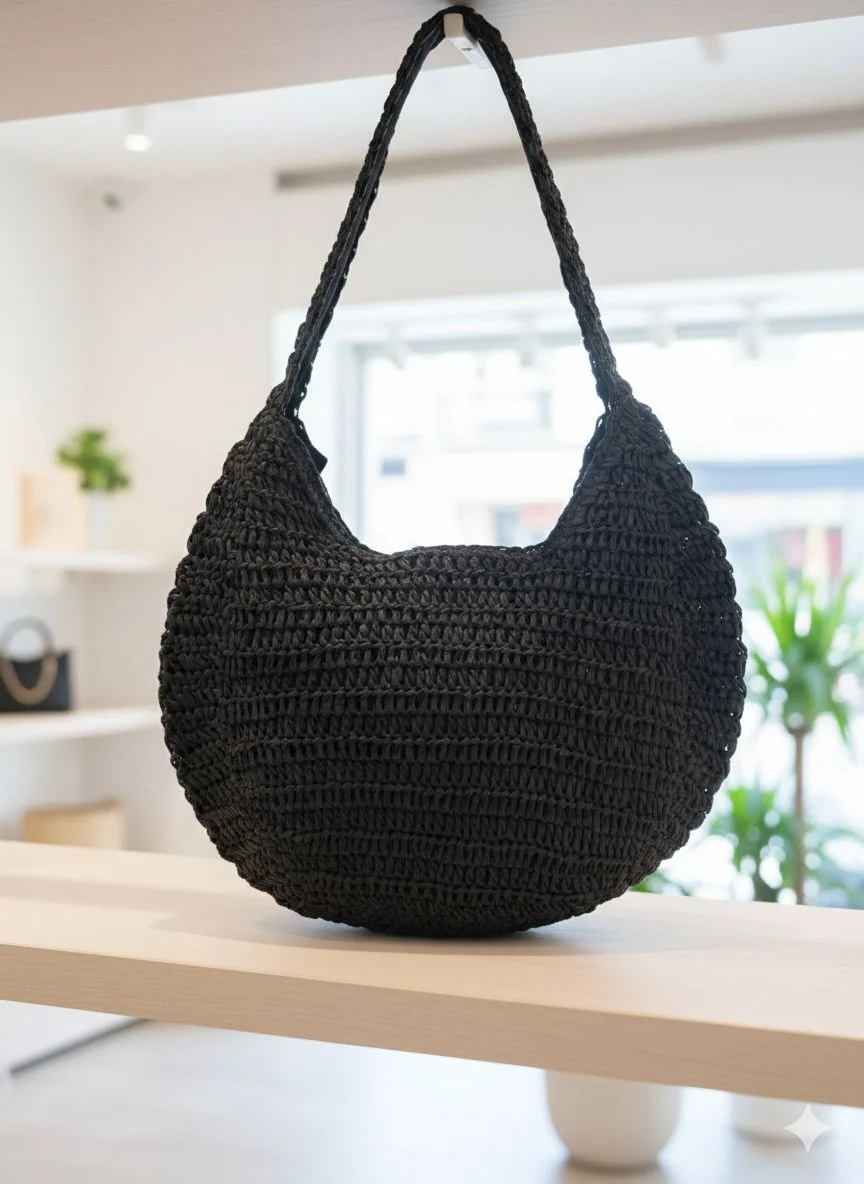 Black Woven Crescent Shoulder Bag with Braided Strap - Nesvay - by Peralane
