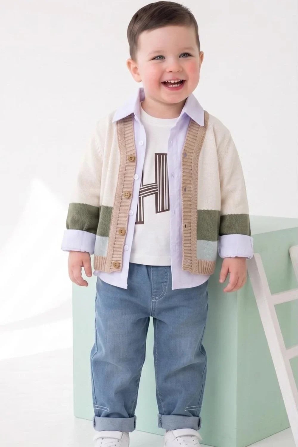 Baby Knitted Cardigan Set - Cream with Stripes - Has Bereket - by Peralane
