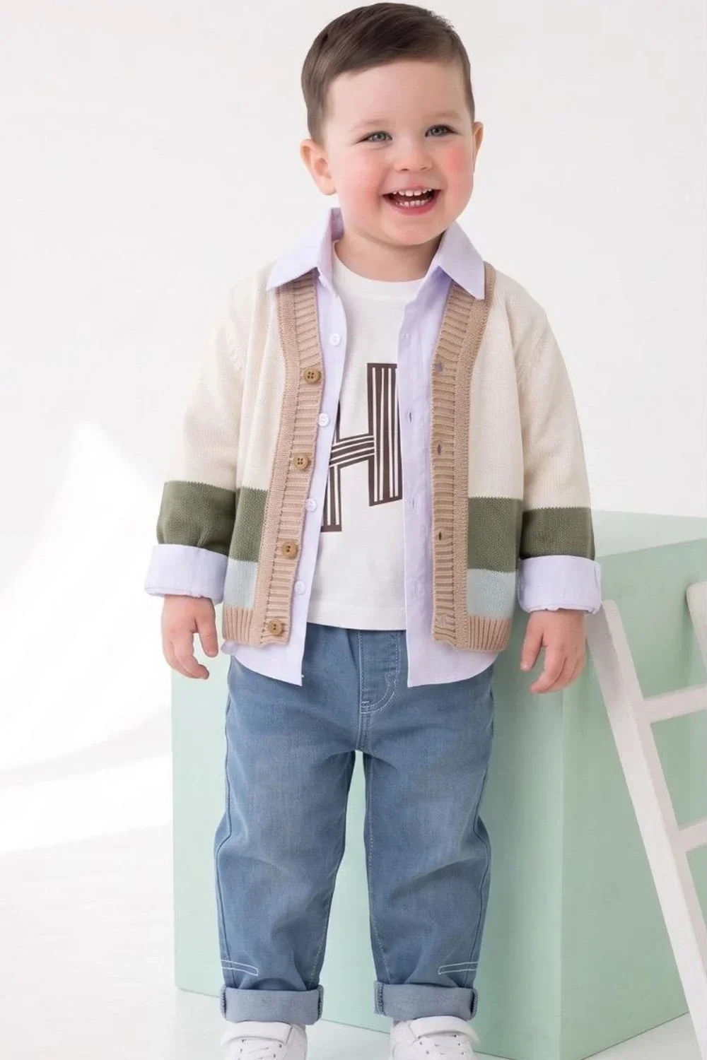 Baby Knitted Cardigan Set - Cream with Stripes - Has Bereket - by Peralane