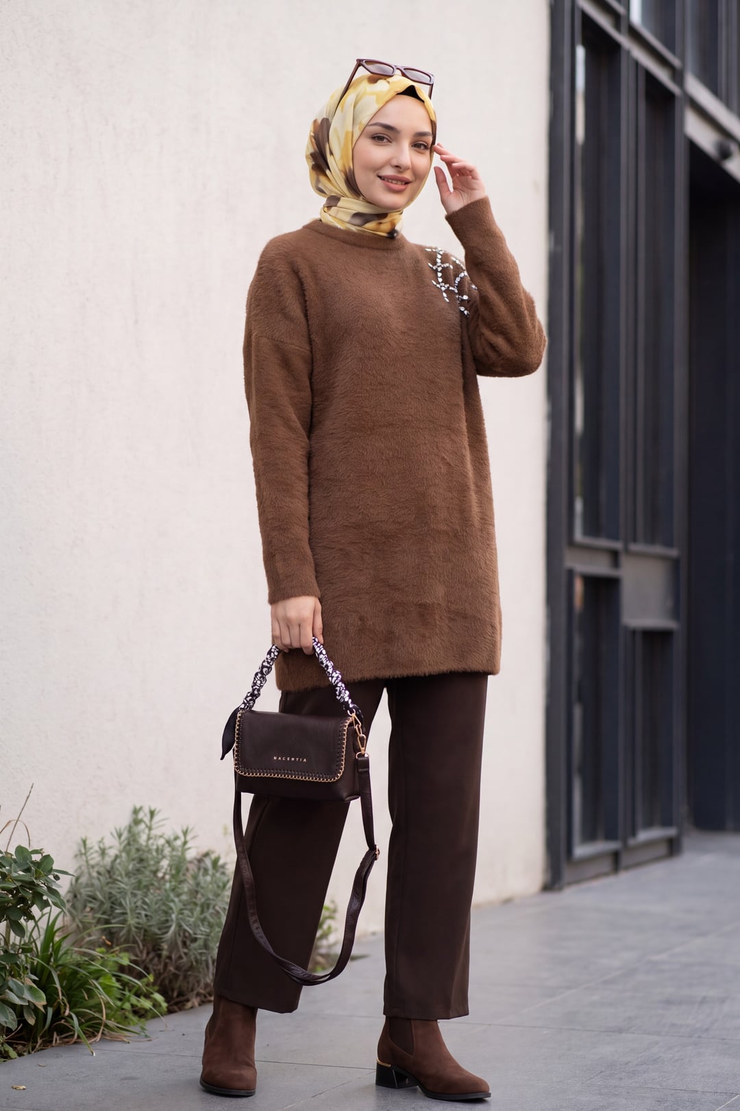 Stone Embellished Soft Knit Tunic - Brown - Podyumplus - by Peralane - photo 4
