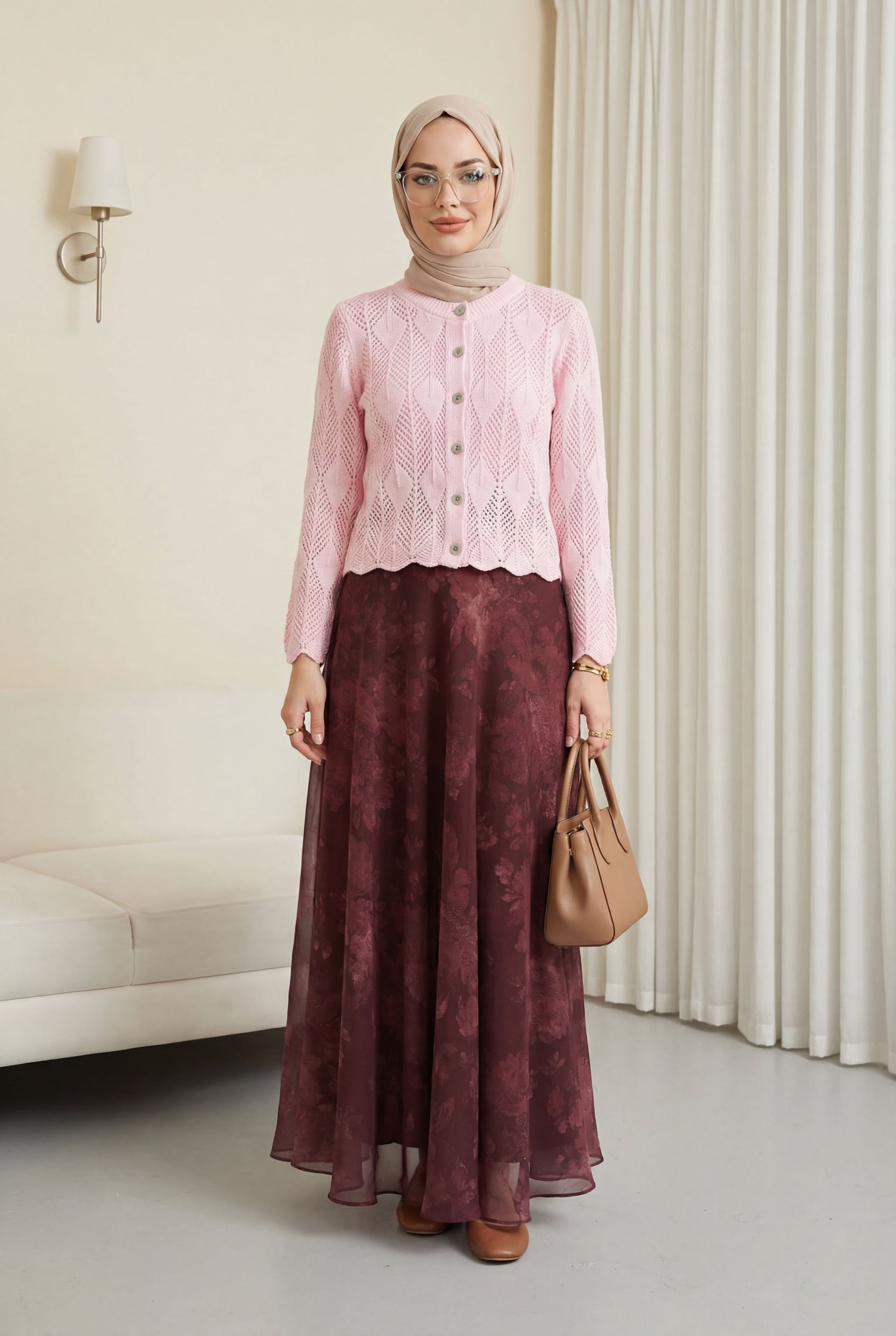 Pink Leaf Pattern Open Knit Cardigan with Burgundy Floral Skirt Set - Podyumplus - by Peralane - photo 2