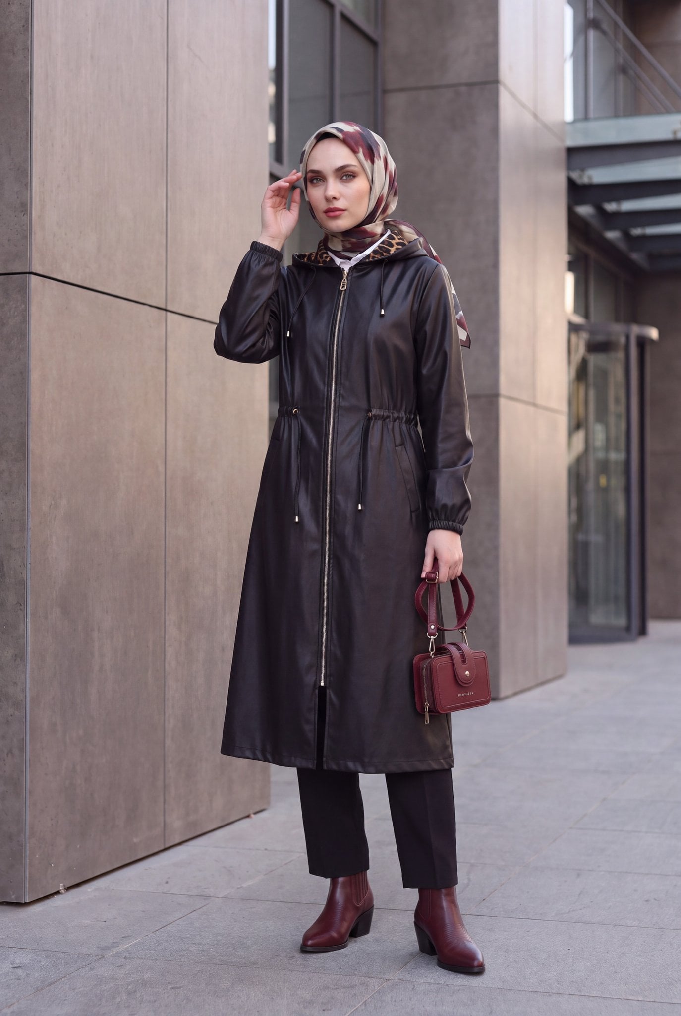 Long Faux Leather Hooded Jacket with Drawstring Waist - Black - Podyumplus - by Peralane - photo 2