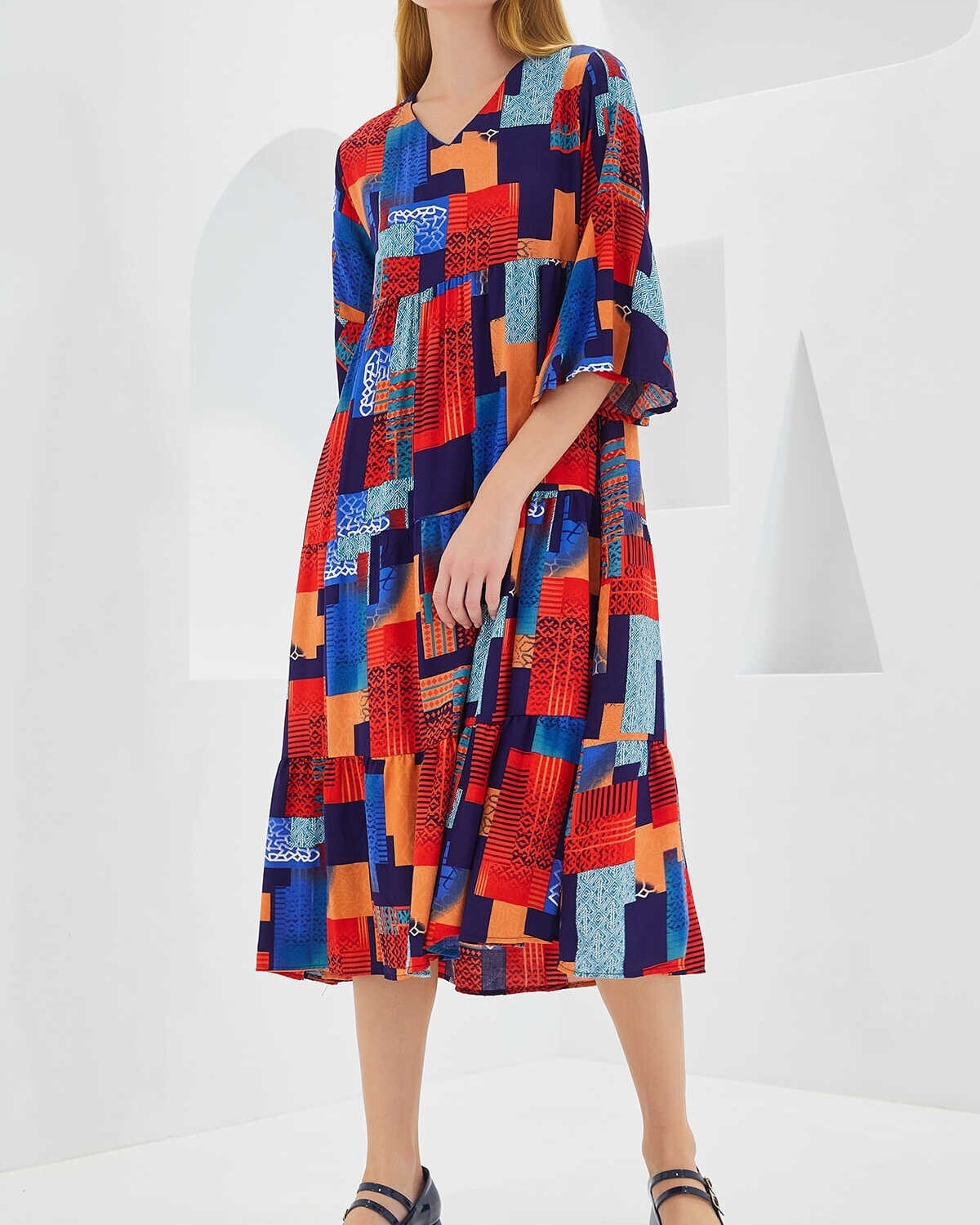 Women's Red Viscose Dress with Abstract Patchwork Print and 3/4 Sleeves - Bigdart - by Peralane - photo 3