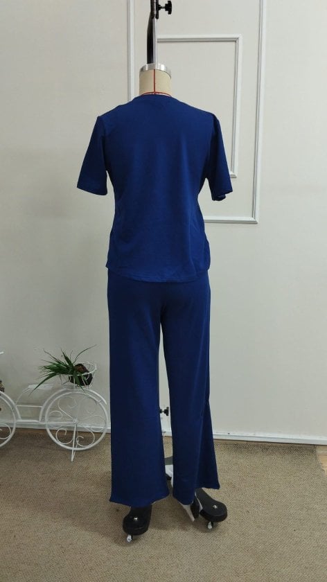 Women's Navy Blue Short Sleeve Round Neck Tie-Waist Blouse and Wide-Leg Trousers Two-Piece Set - Janes - by Peralane - photo 5