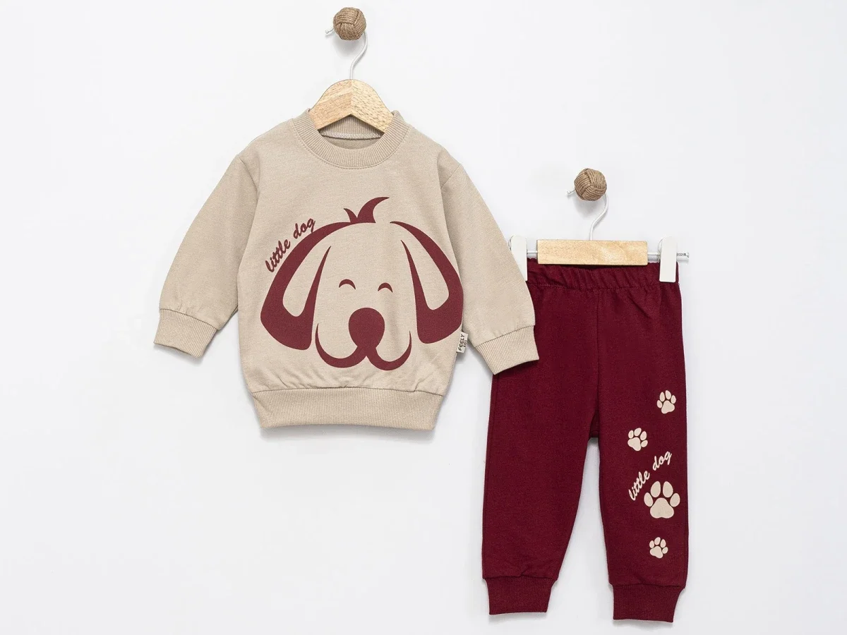 Boys' Dog Print Sweatshirt and Trousers Set - Maroon - Feely Kids - by Peralane