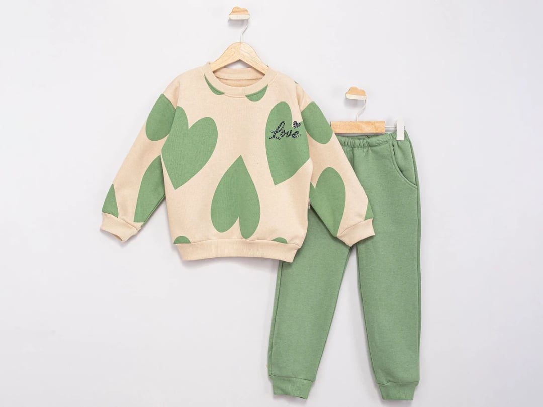 Love Print Heart Pattern Velour Girls' Set - Green - Feely Kids - by Peralane