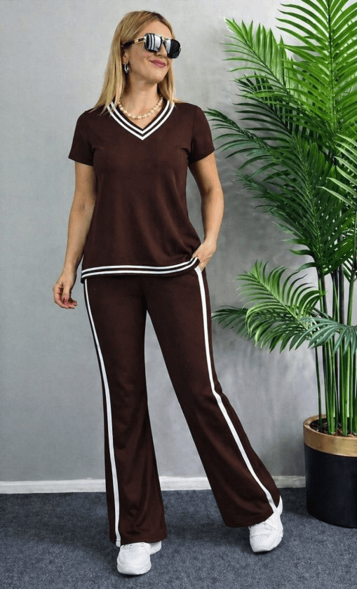 Women's Short-Sleeve V-Neck Viscose Two-Thread Top and Trousers Tracksuit Set - Janes - by Peralane