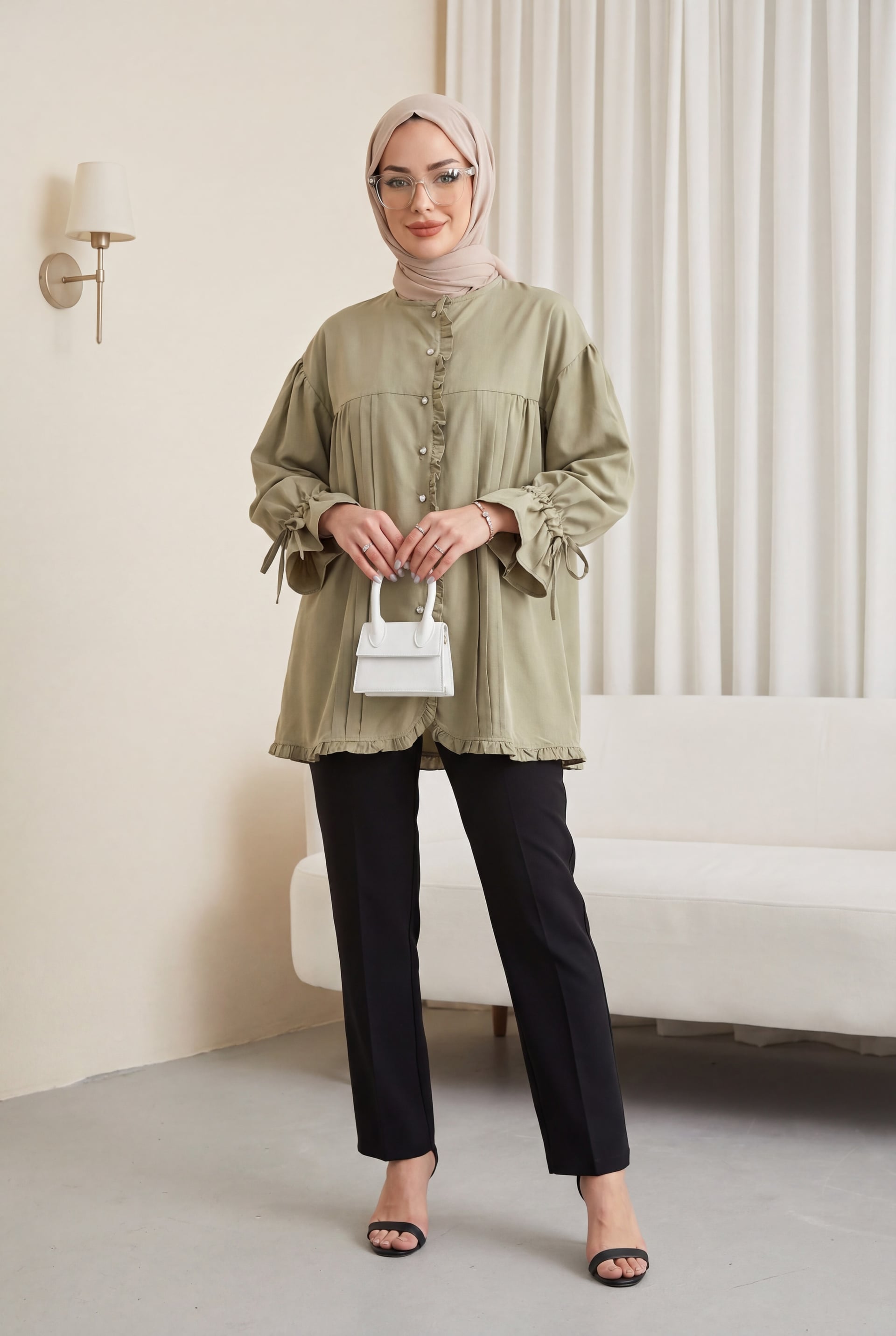 Ruffled Trim Tie-Sleeve Stone Button Tunic - Olive Green - Podyumplus - by Peralane - photo 2