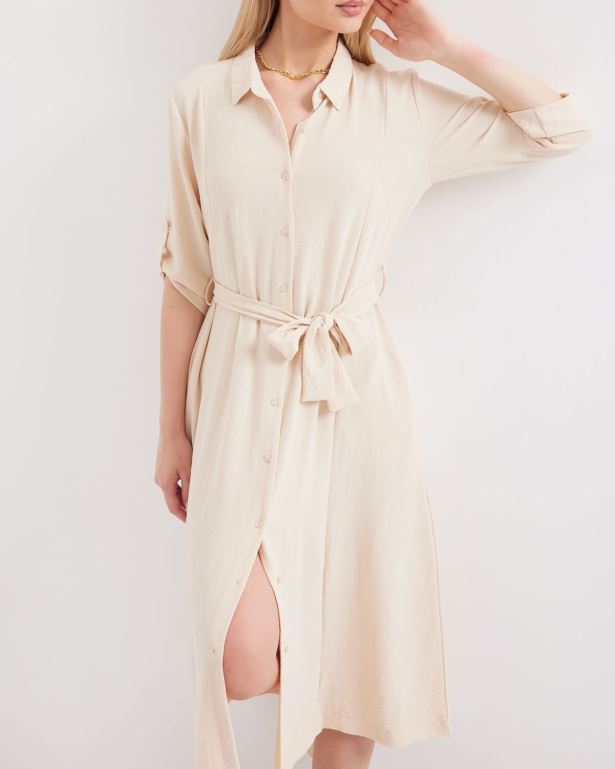 Belted Shirt Dress with Collar and Side Slit - Cream - Bigdart - by Peralane - photo 2
