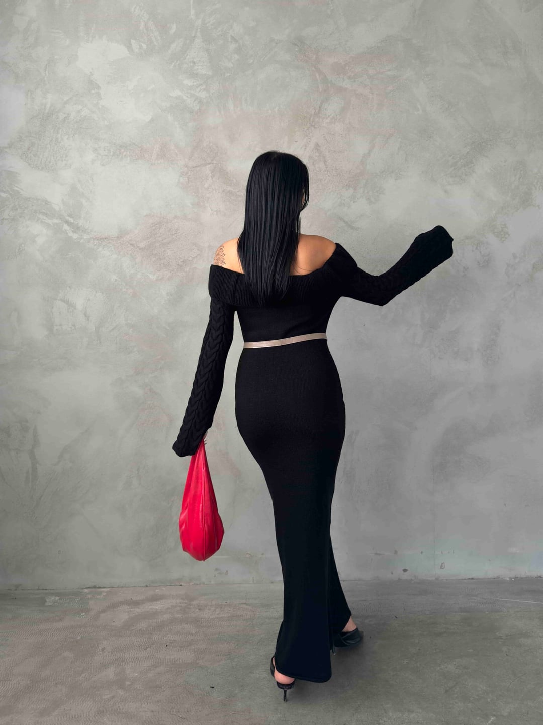 Black Off-Shoulder Cable Knit Dress with Slit - My Bee - by Peralane - photo 3