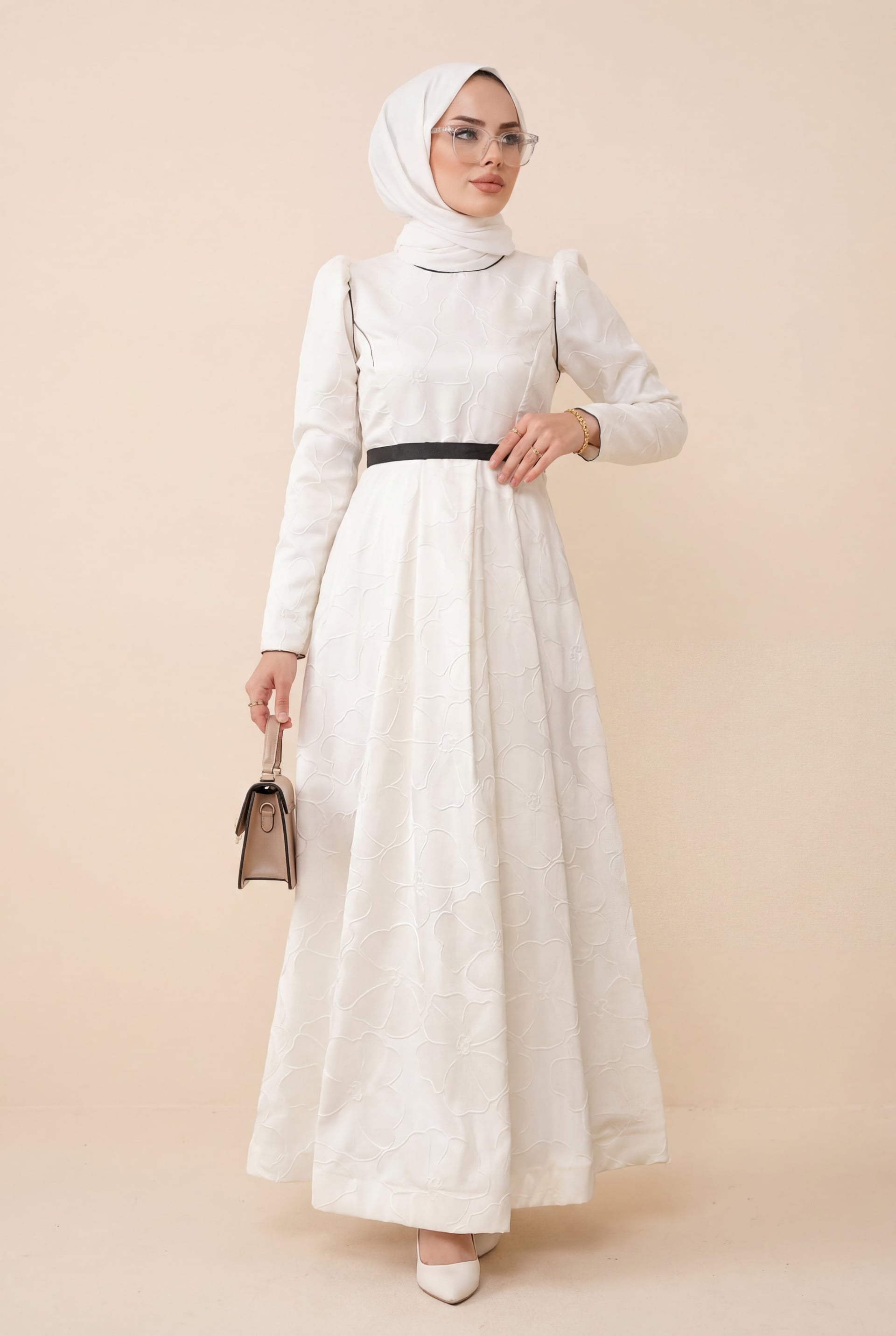 White Belted Balloon Skirt Cold Print Kaftan Evening Dress - Podyumplus - by Peralane - photo 2