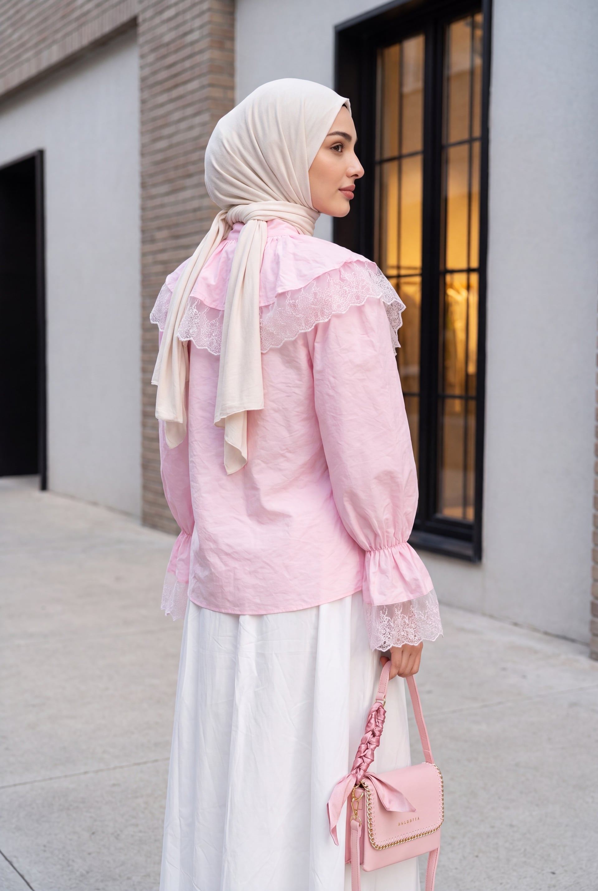 Hakim Collar Elastic Cuff Lace Detail Button Modal Blouse - Powder - Podyumplus - by Peralane - photo 4