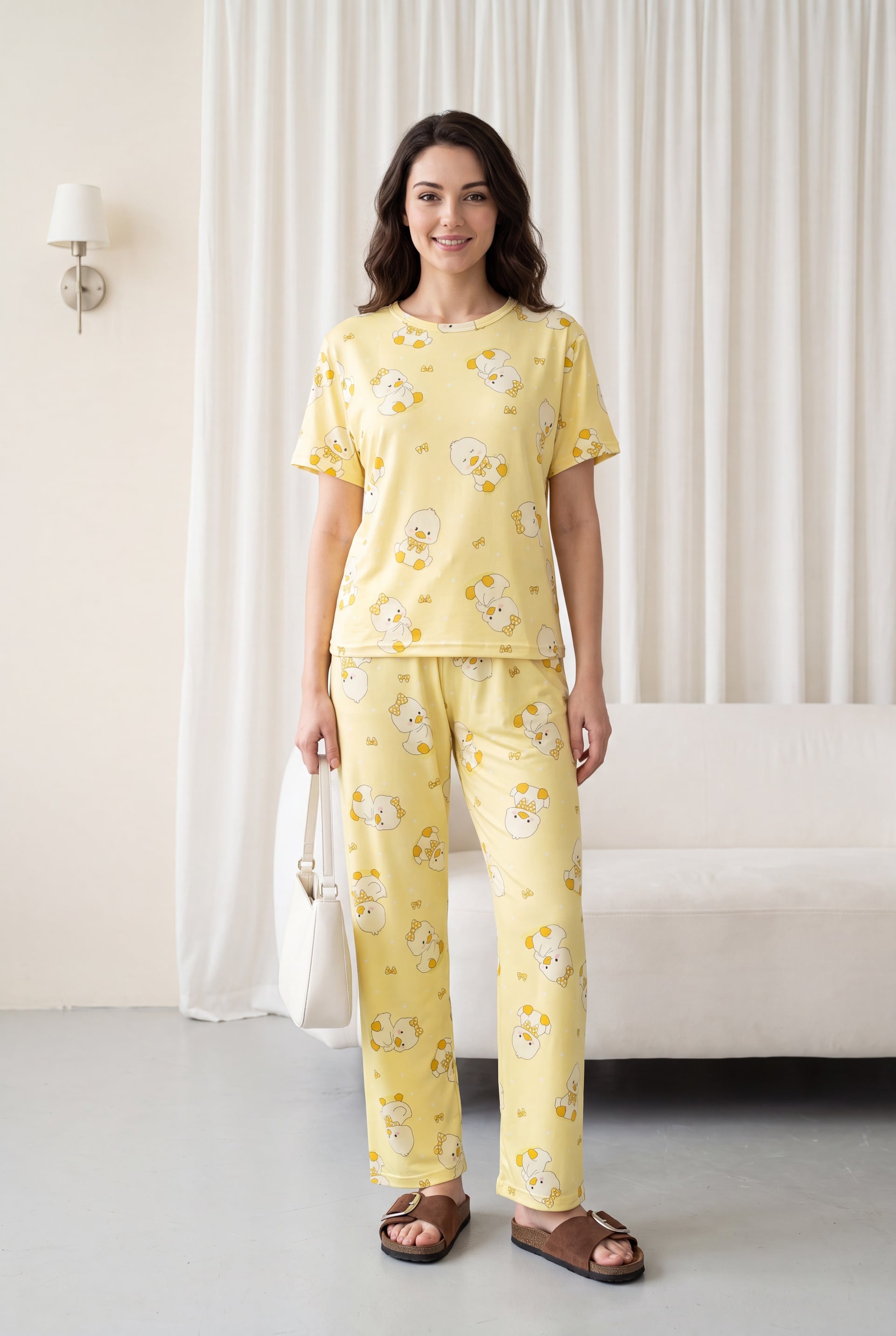 Yellow Duck Print Short Sleeve Crew Neck Knit Pajama Set for Women - Podyumplus - by Peralane - photo 4