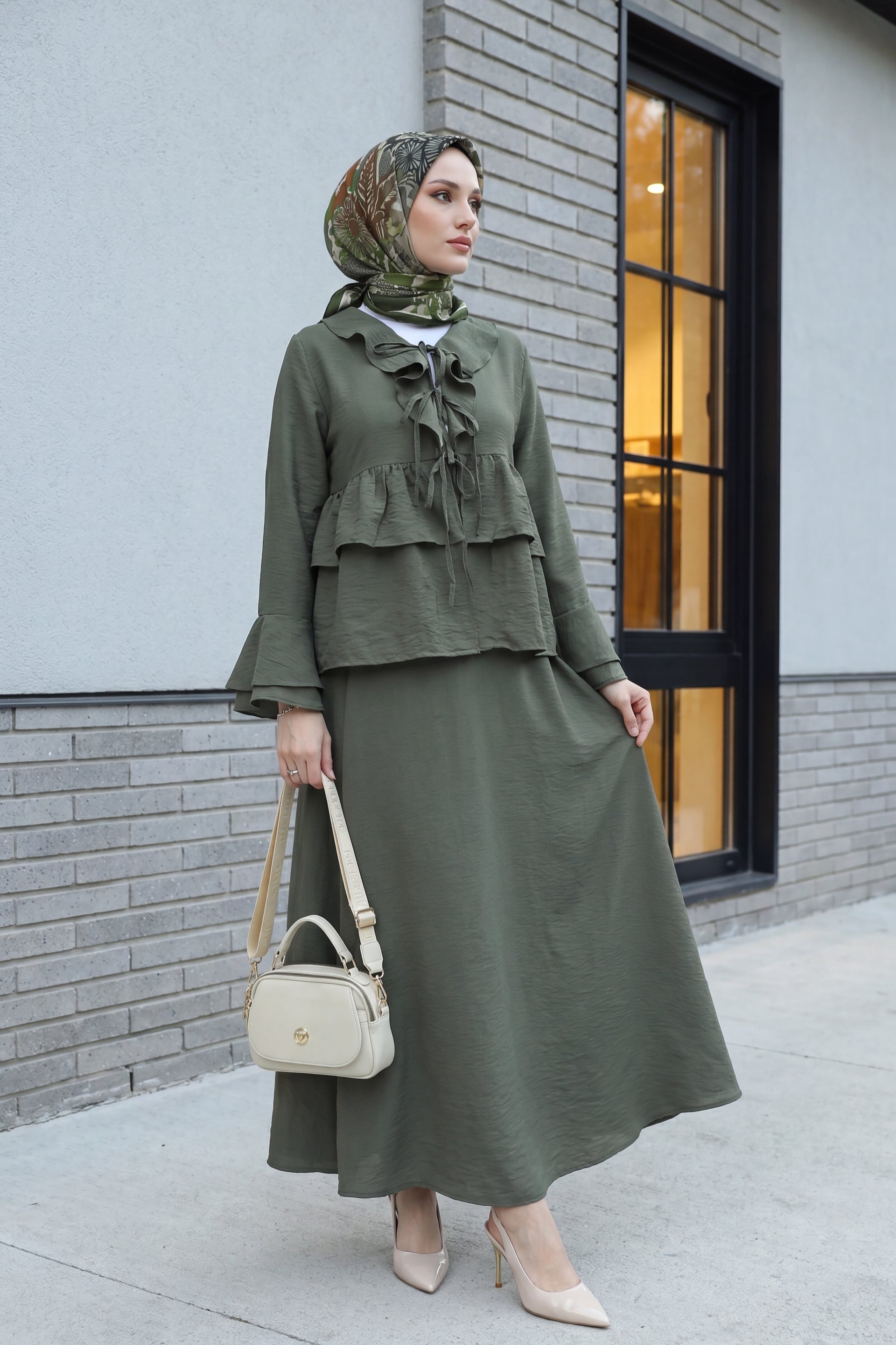 Olive Green Tie-Front Ruffle Bell Sleeve Blouse and Maxi Skirt Two-Piece Set - Podyumplus - by Peralane - photo 4