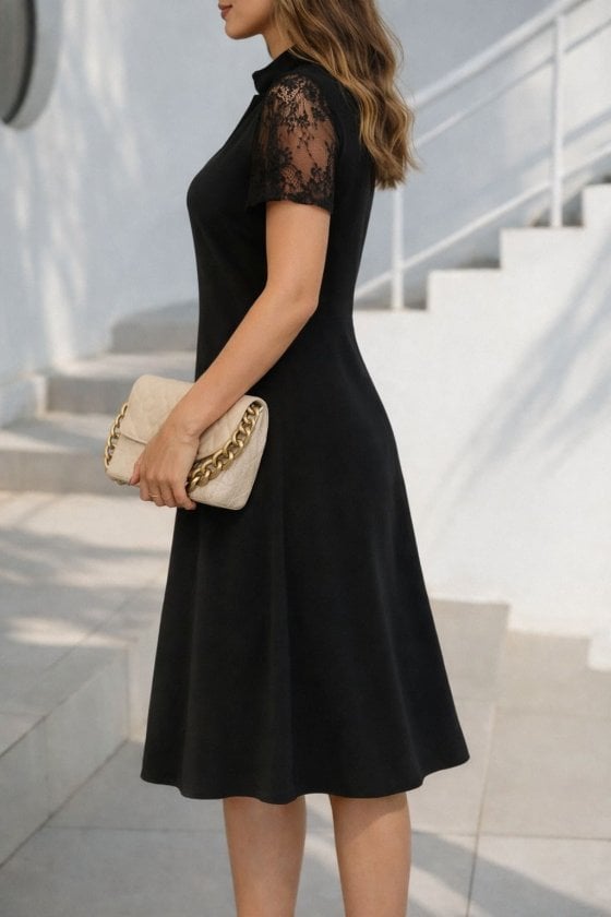 Women's Short Sleeve Lace Keyhole Mock Neck Midi Crepe Dress - Janes - by Peralane - photo 3