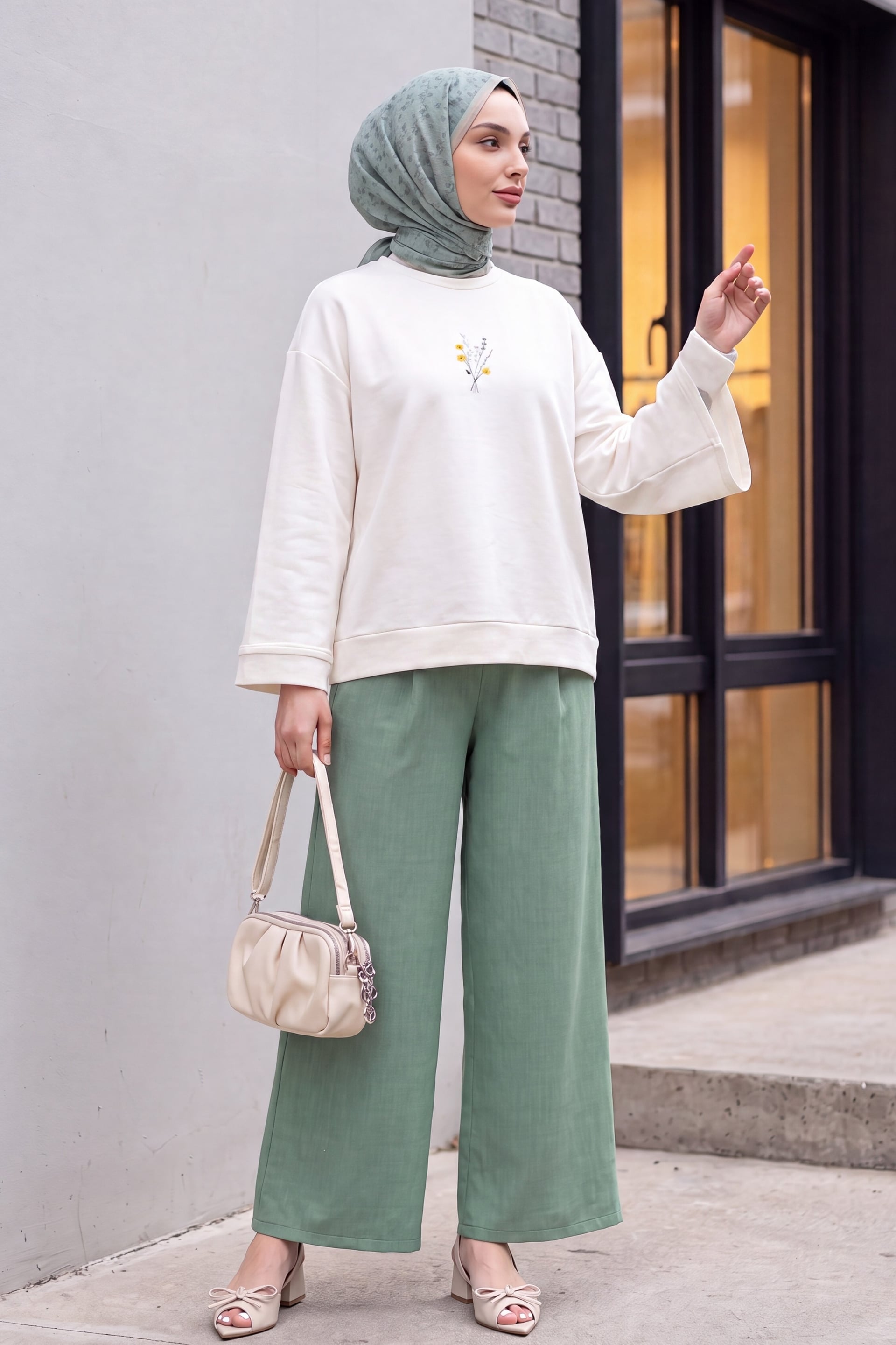 Elastic Waist Wide Leg Pleated Linen Look Trousers - Mint - Podyumplus - by Peralane - photo 4