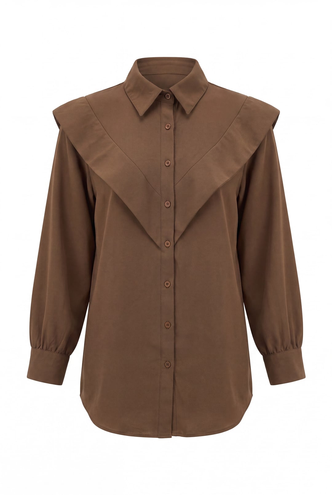 V-Detail Long Back Buttoned Imported Crepe Tunic - Brown - Podyumplus - by Peralane - photo 2