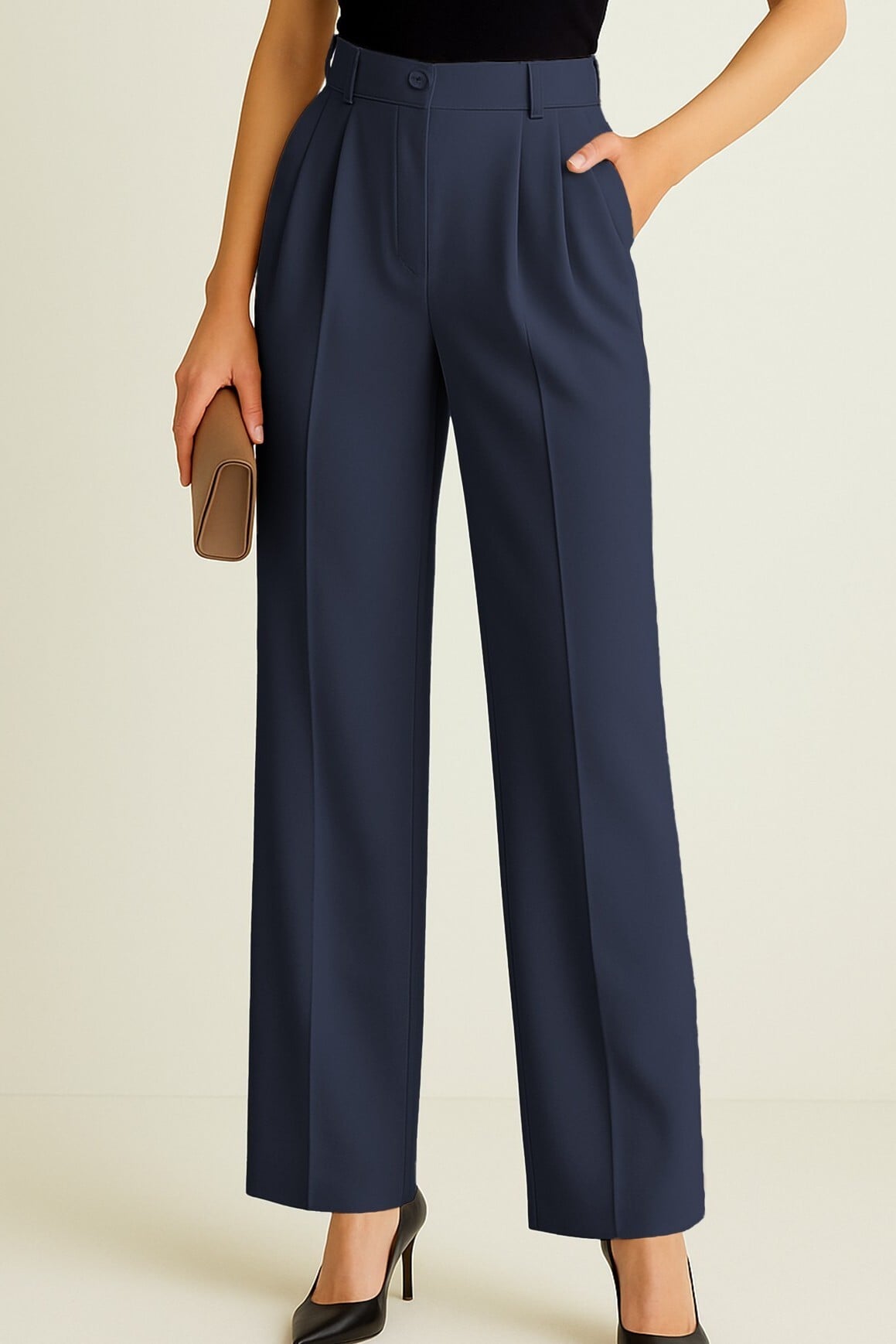 Navy Blue Pleated Front Trousers with Single Button and Pockets - Podyumplus - by Peralane - photo 6