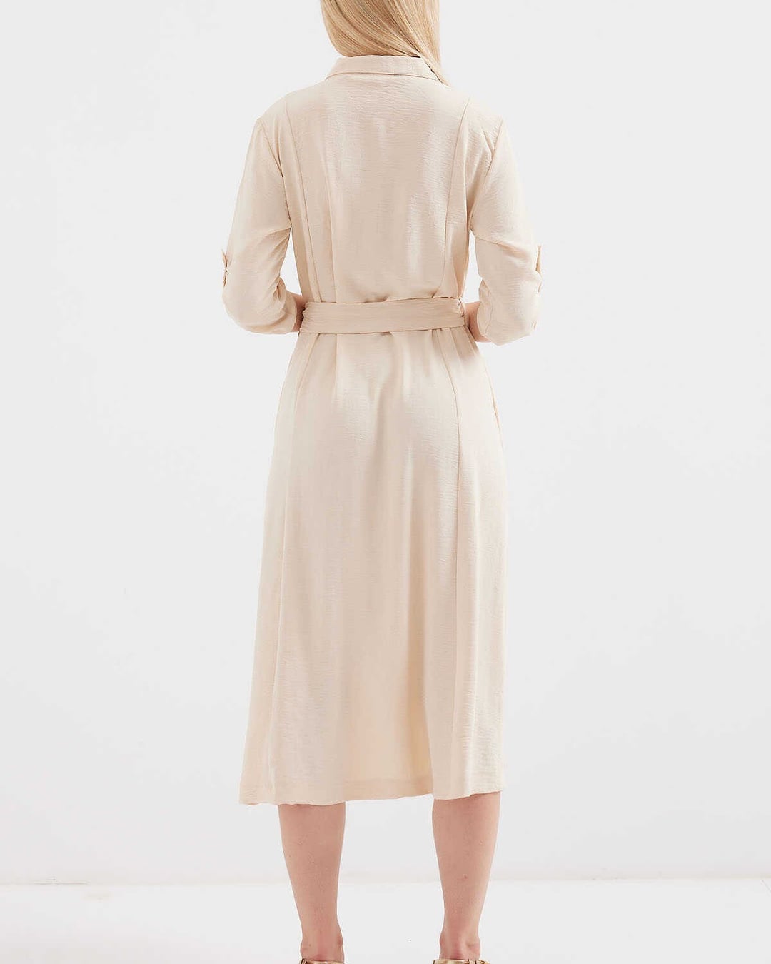 Belted Shirt Dress with Collar and Side Slit - Cream - Bigdart - by Peralane - photo 5
