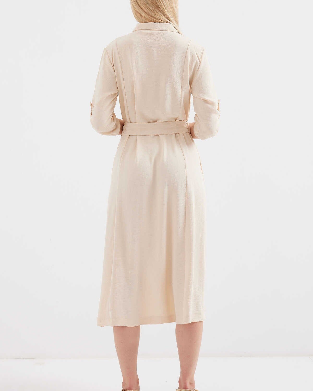 Belted Shirt Dress with Collar and Side Slit - Cream - Bigdart - by Peralane - photo 5