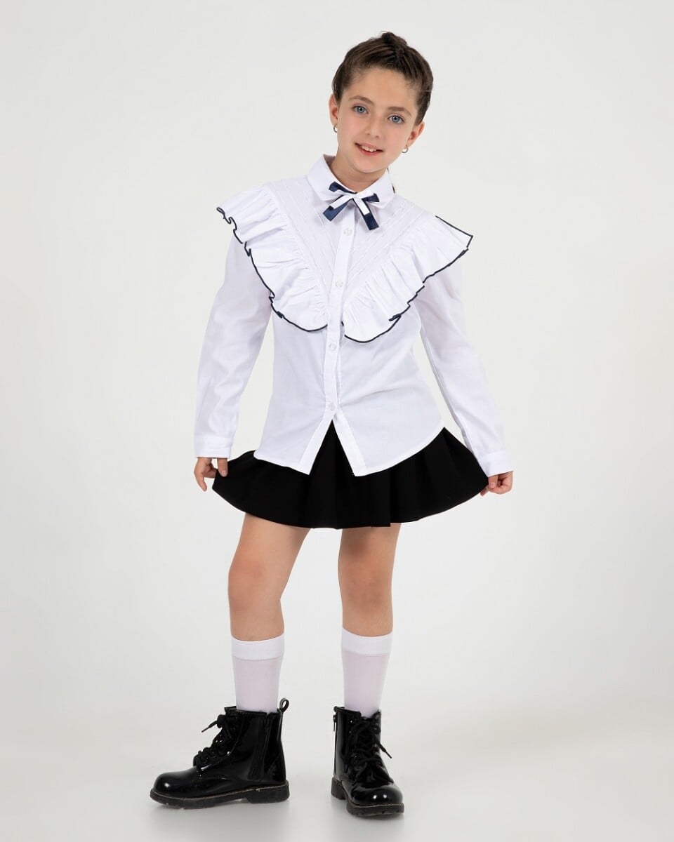 Girls White Long-Sleeved Cotton Poplin Blouse with Navy Trim - Ages 7-10 - Busra Bebe - by Peralane
