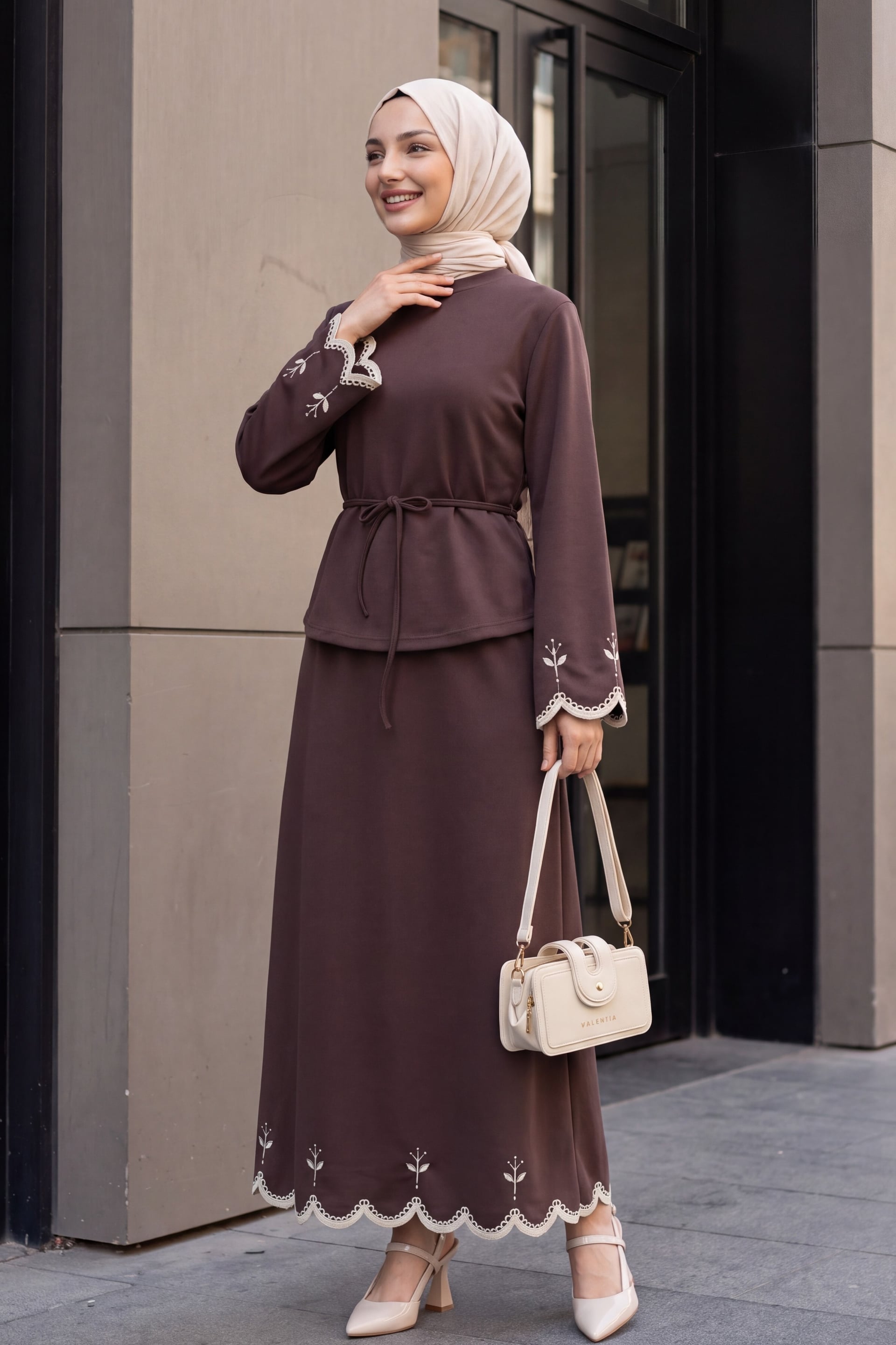 Embroidered Belted Jersey Two-Piece Set with Skirt - Cherry - Podyumplus - by Peralane - photo 2