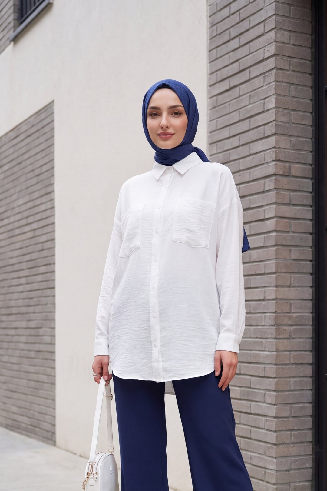 Single Pocket Buttoned Linen-Look Blouse - White - Podyumplus - by Peralane