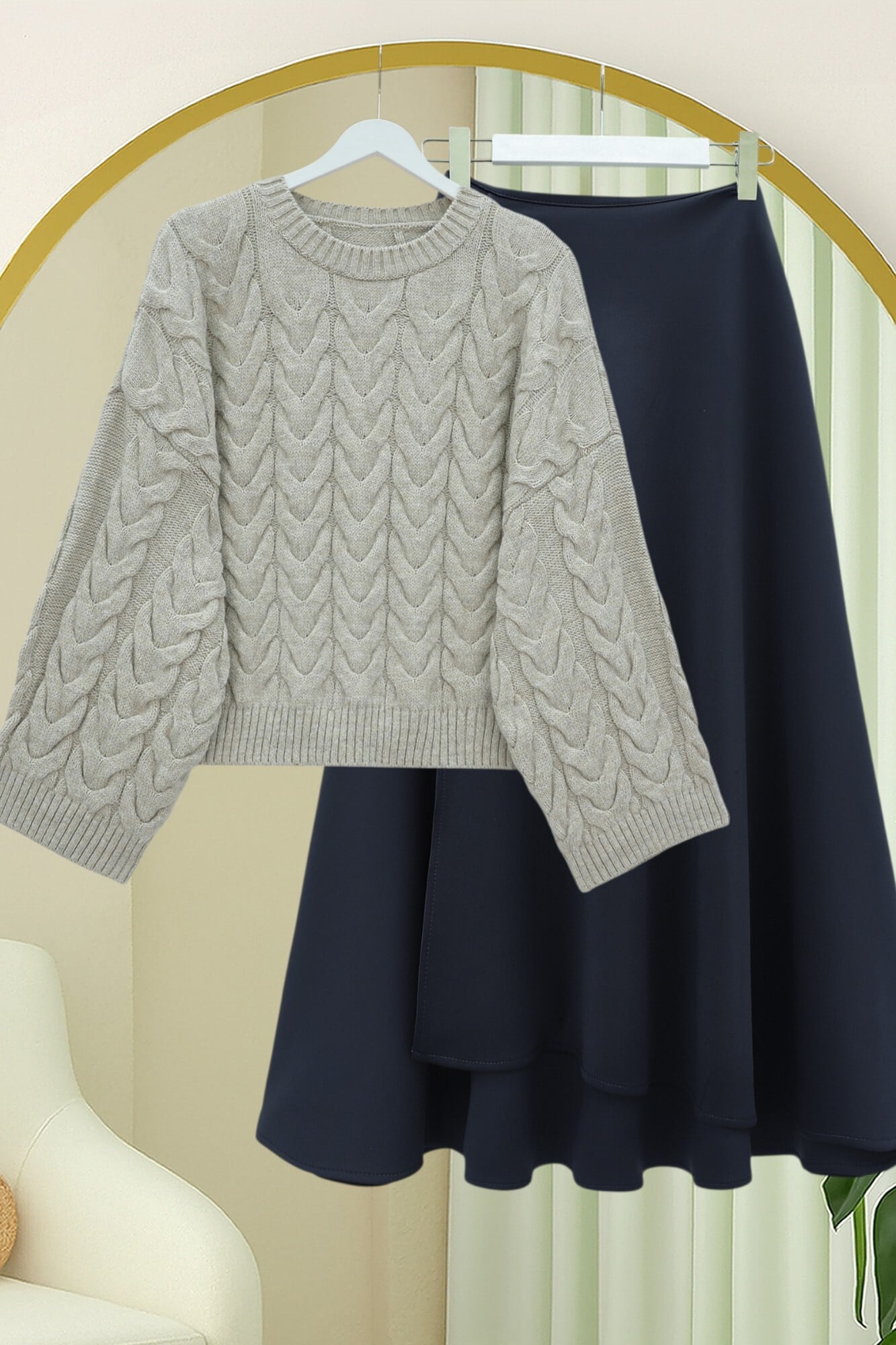 Cable Knit Cropped Sweater and Skirt Set in Grey and Navy - Podyumplus - by Peralane