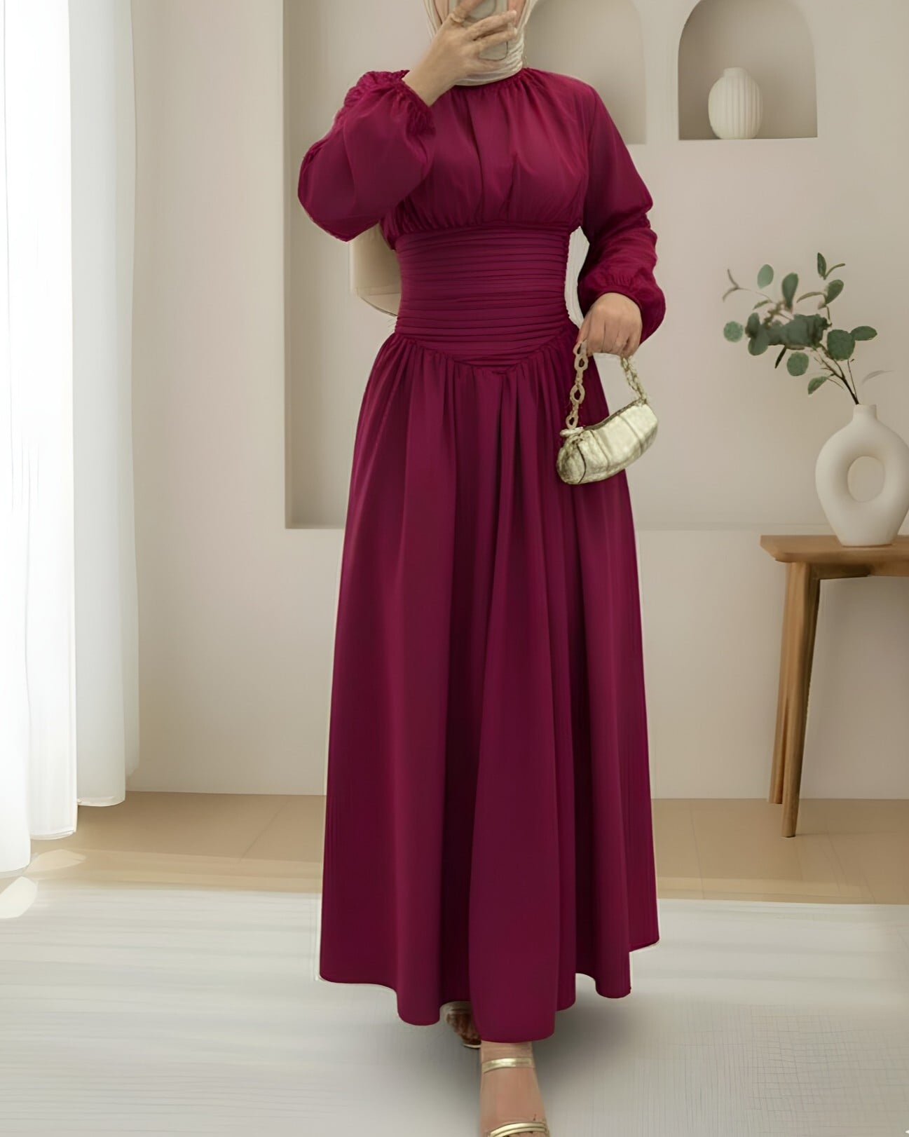 Ruch Front Poplin Dress with Elastic Sleeves and Zipper - Bordeaux - Podyumplus - by Peralane - photo 2