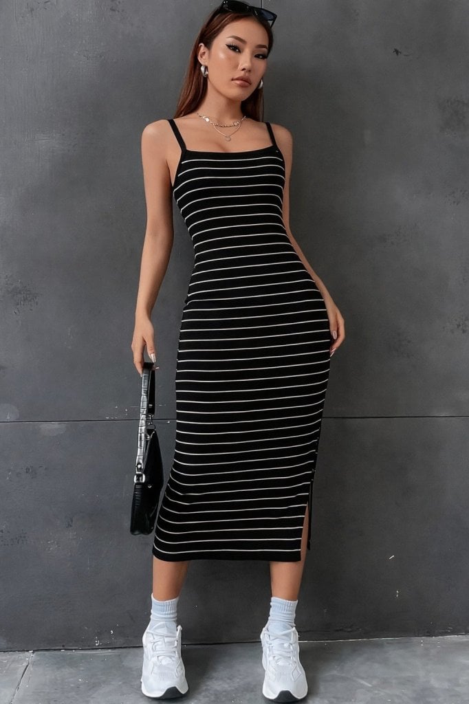 Women's Black and White Striped Spaghetti Strap Midi Dress with Side Slit - Janes - by Peralane - photo 2