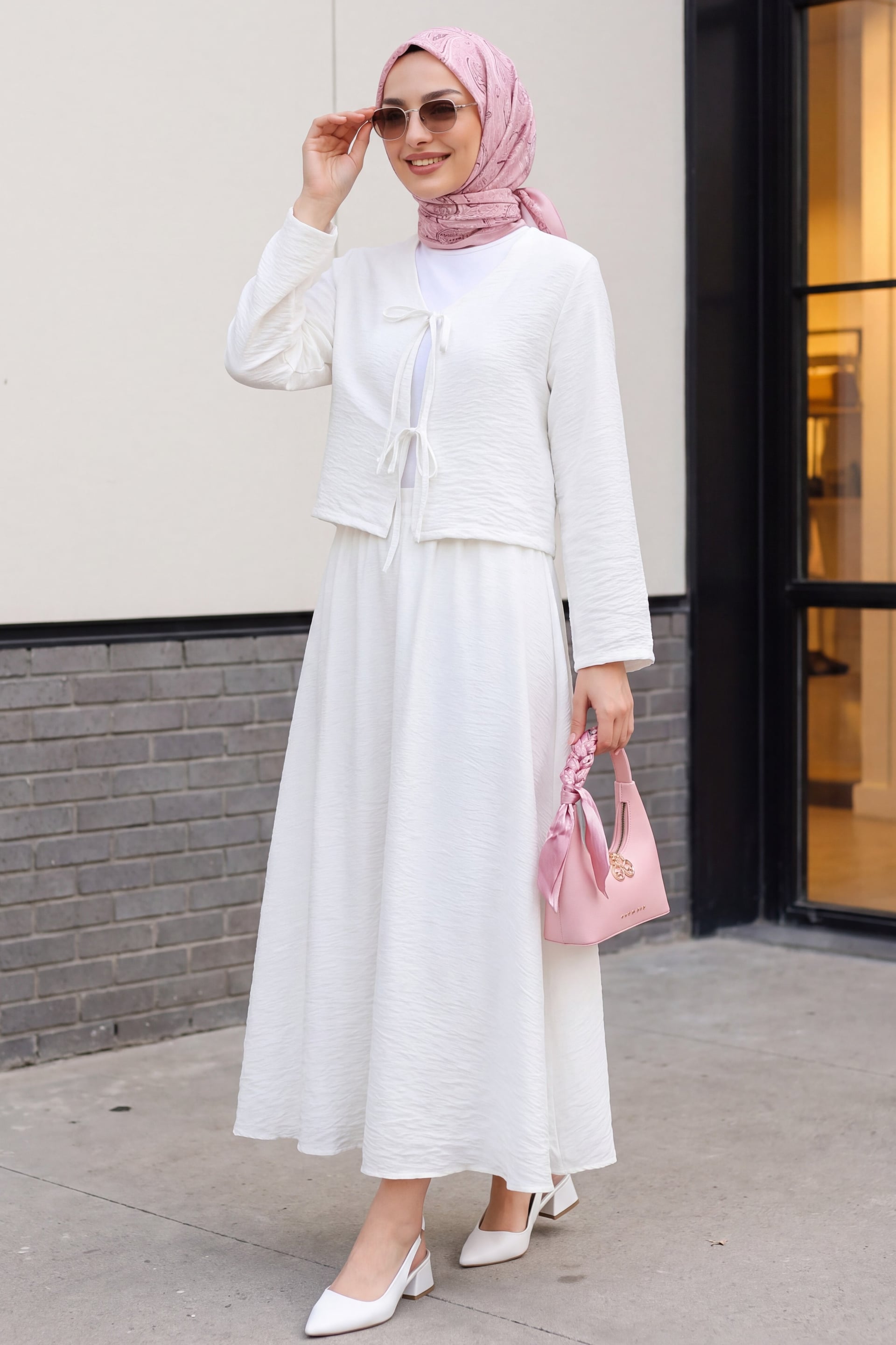 White Crinkle Kimono Two-Piece Set with Lined Skirt for Women - Podyumplus - by Peralane - photo 3