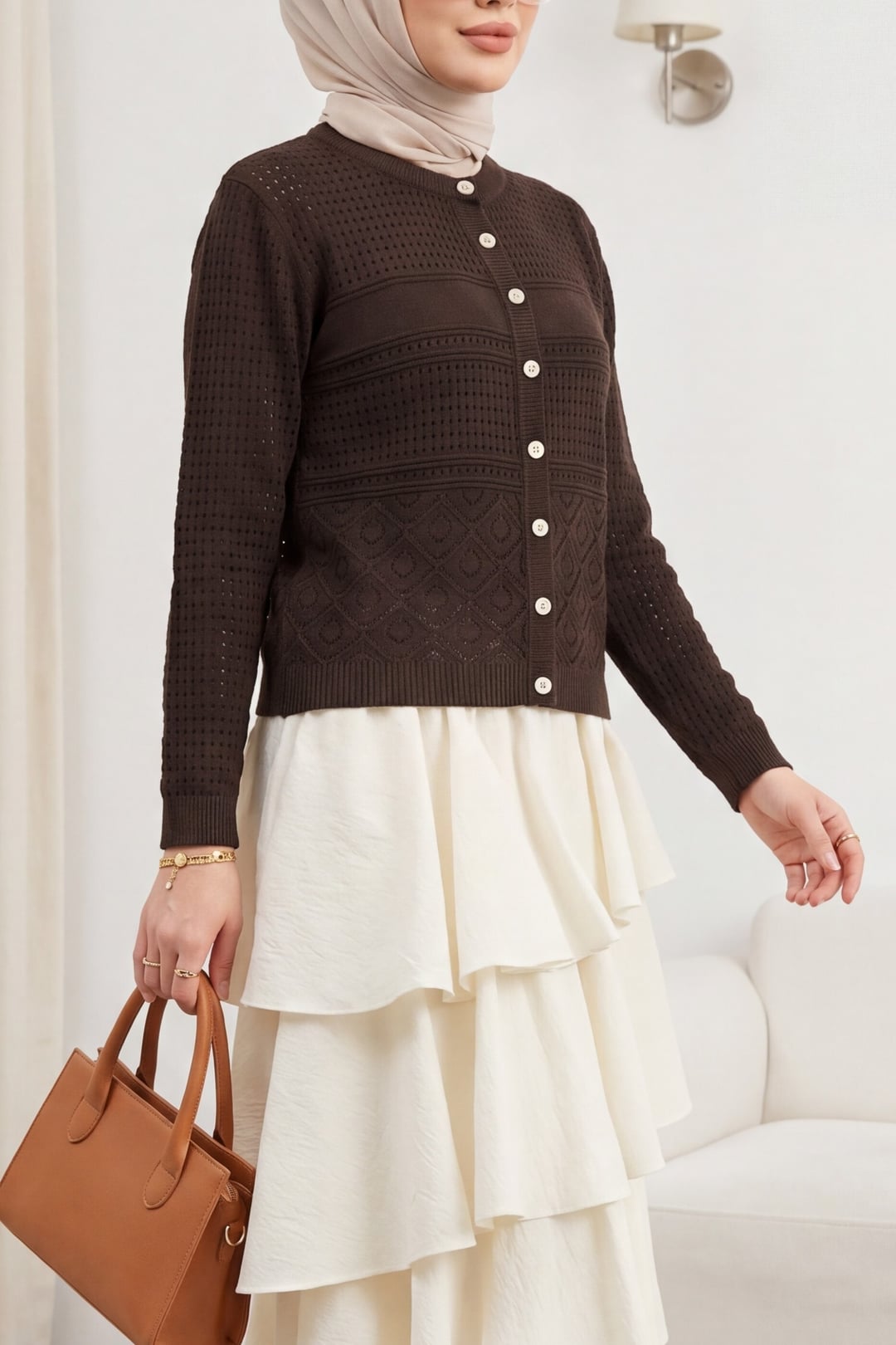Round Neck Openwork Buttoned Knit Cardigan - Brown - Podyumplus - by Peralane