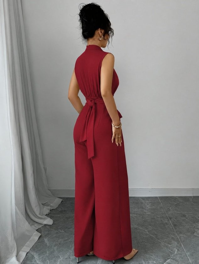 Women's Sleeveless Mock Neck Pearl Embellished Wide-Leg Jumpsuit - Janes - by Peralane - photo 3