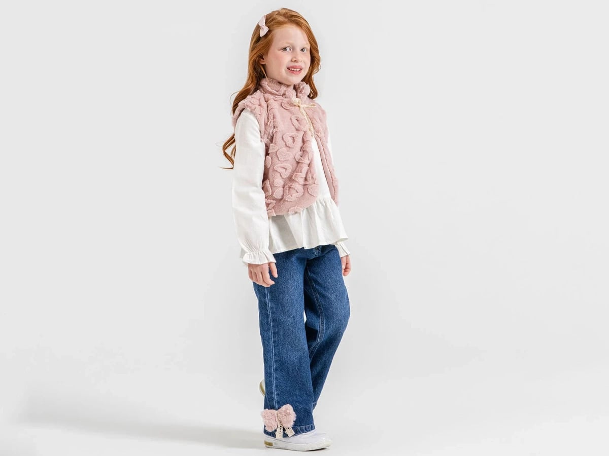 Girl's Floral Detail Plush Vest Three-Piece Set - Ecolkiz - by Peralane