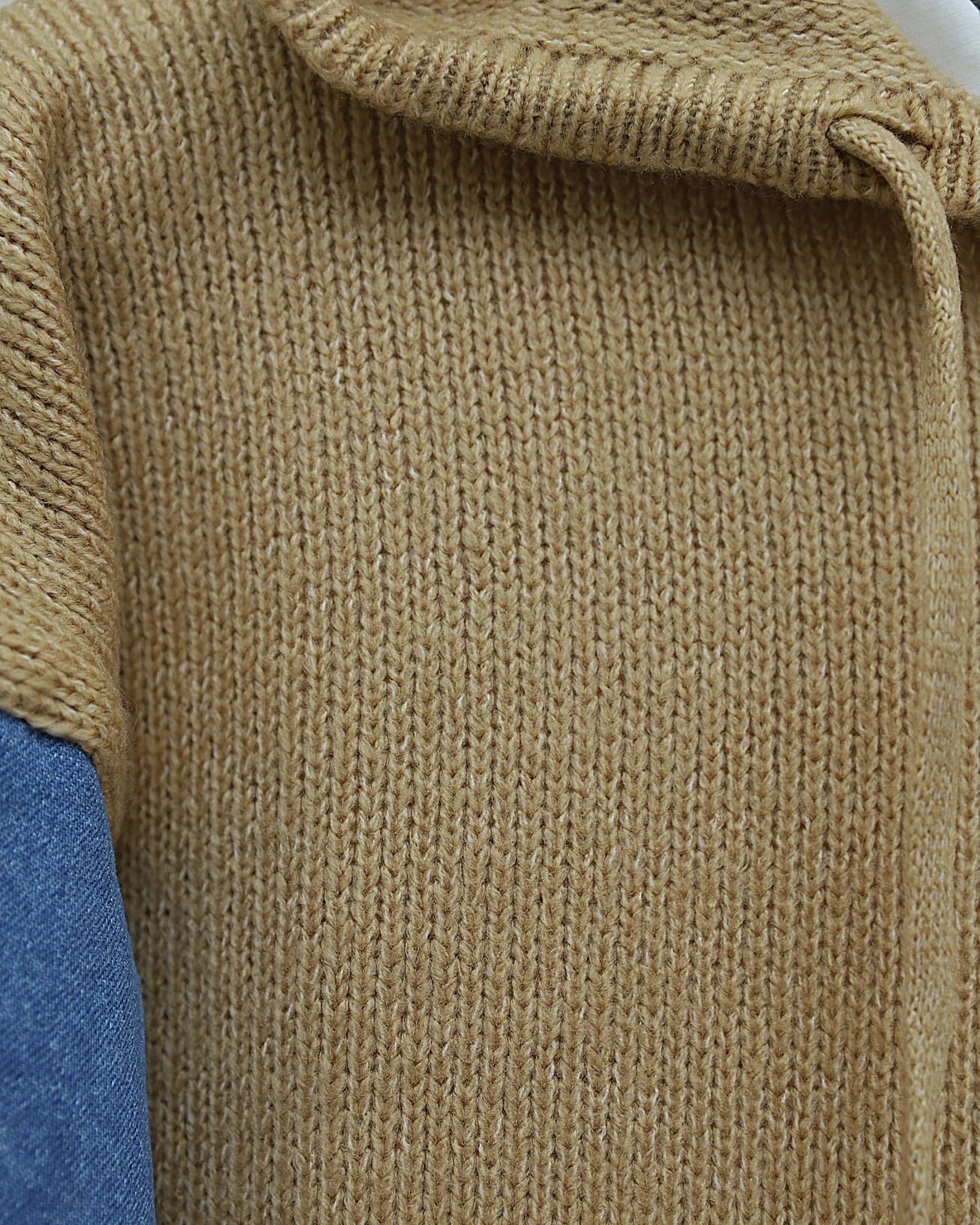 Women's Hooded Knit Sweatshirt with Denim Sleeve Detail and Kangaroo Pocket - Beige - Podyumplus - by Peralane - photo 8