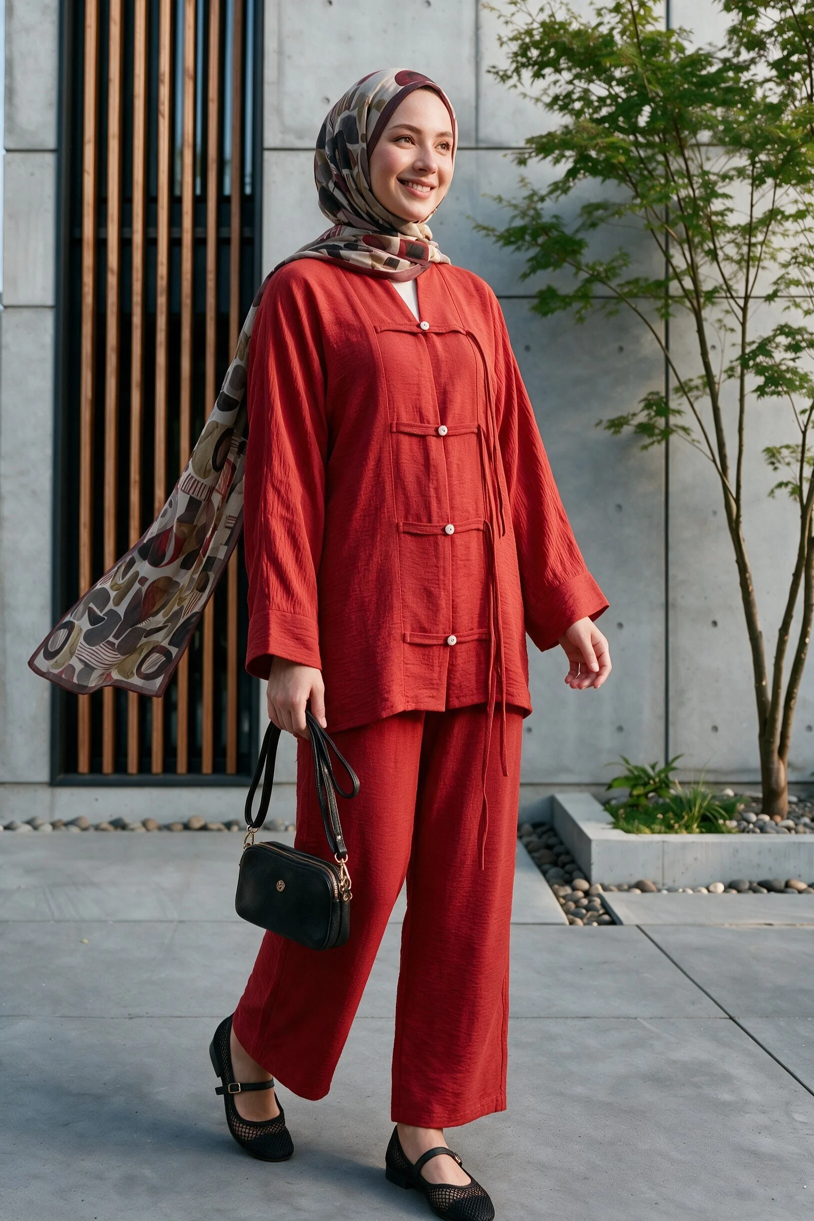 Red Stone-Button Wide-Leg Tunic and Trouser Co-ord Set for Women - Podyumplus - by Peralane - photo 4