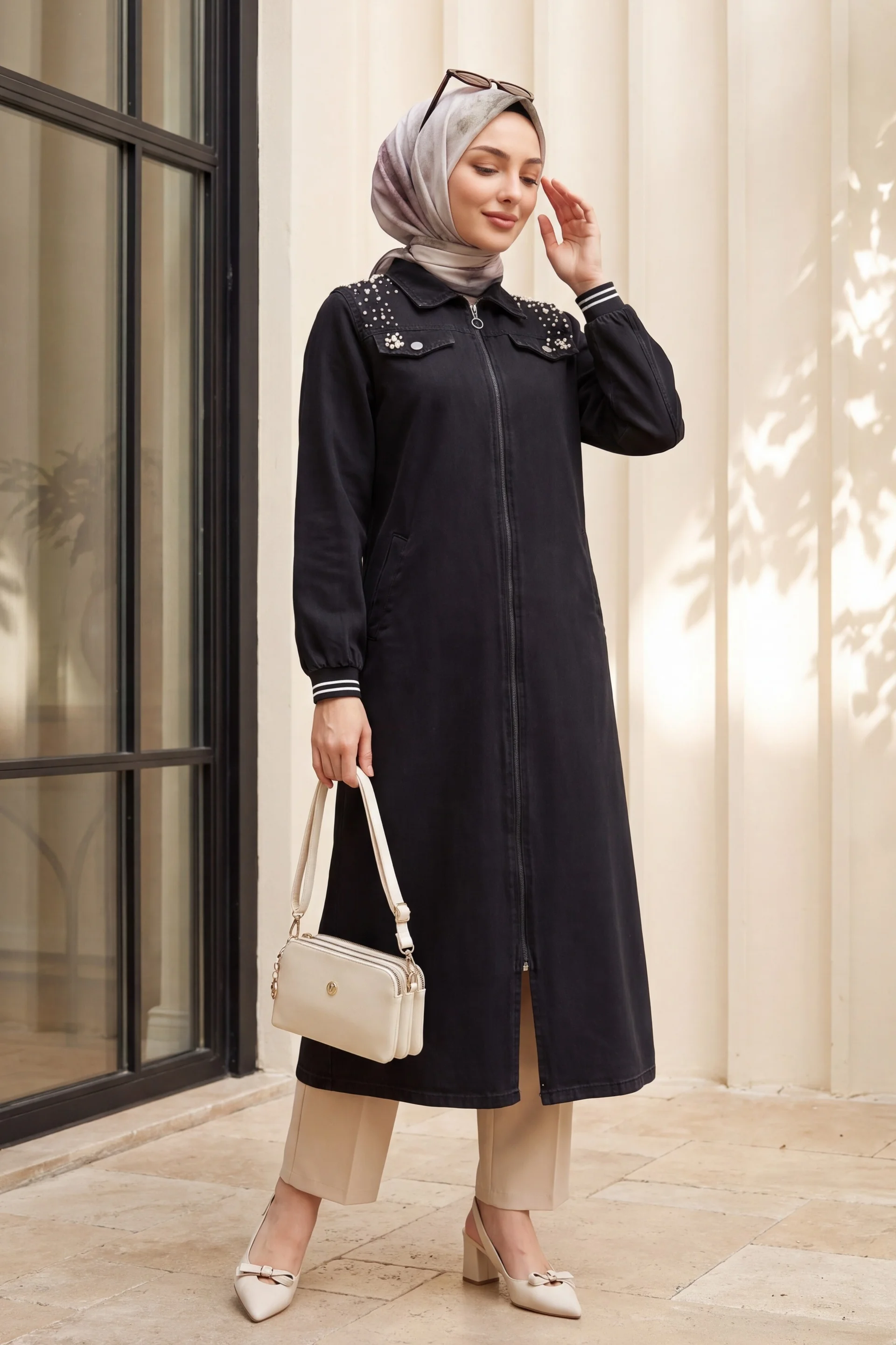 Long Denim Coat with Pearl Shoulder Detail, Zip Front, Black - Podyumplus - by Peralane