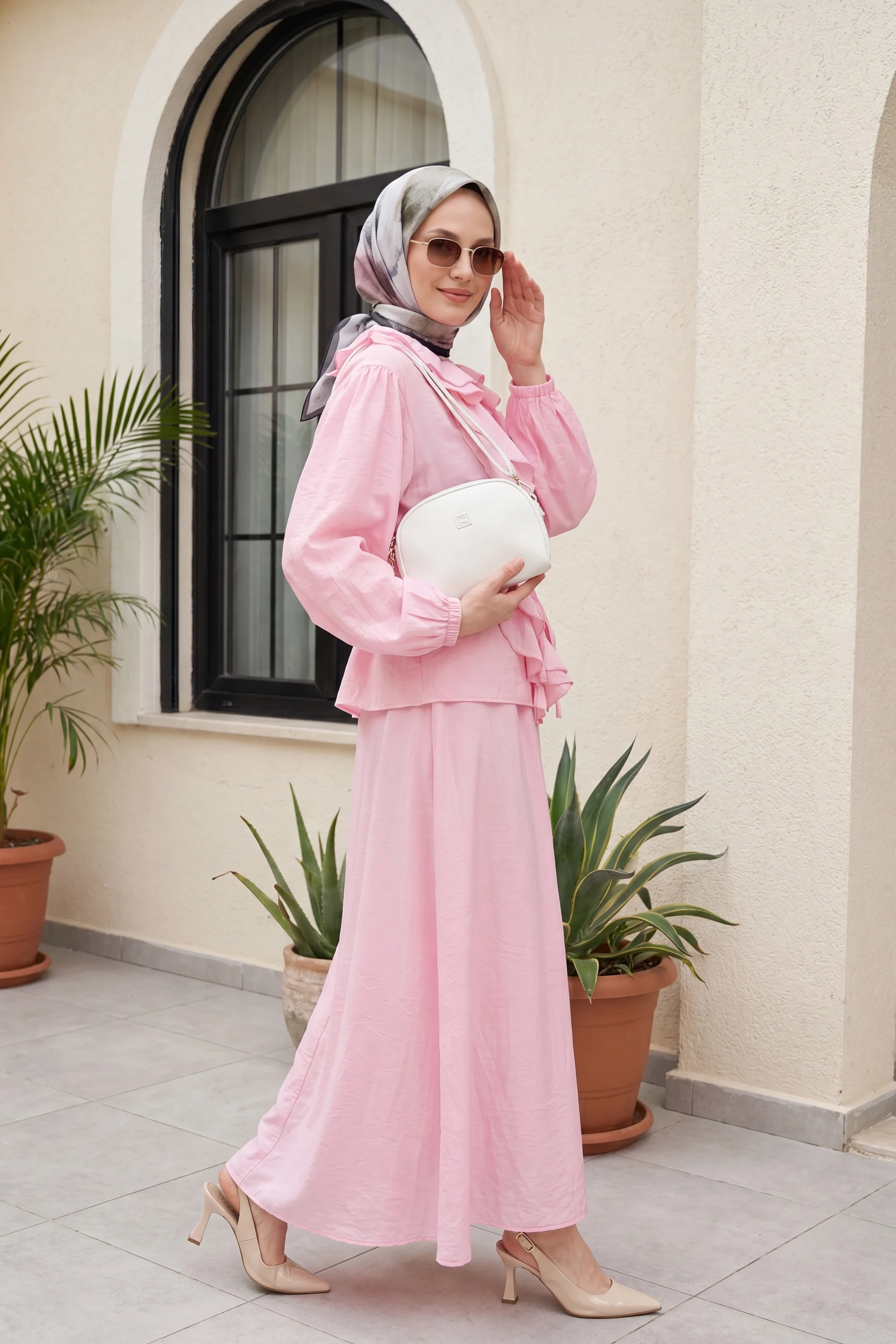 Women's Pink Ruffled Front Tie Waist Skirt Set with Blouse - Podyumplus - by Peralane - photo 2