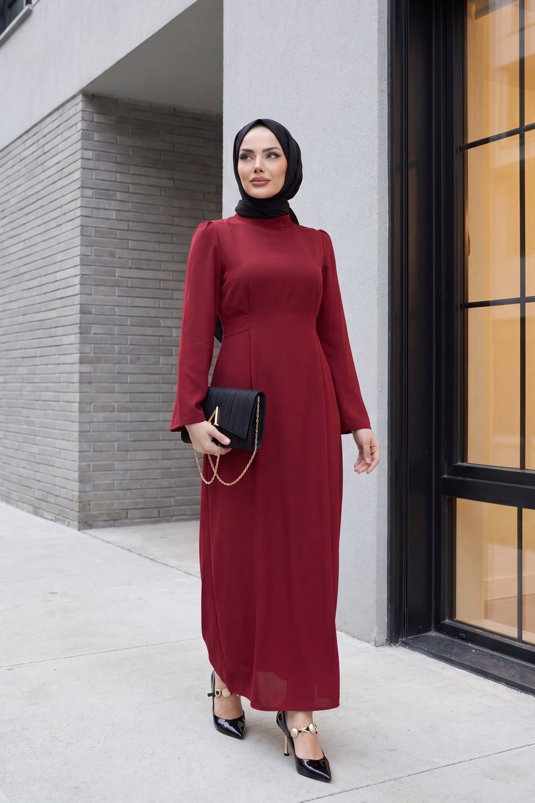 Mandarin Collar Belted Dress - Red - Podyumplus - by Peralane - photo 2