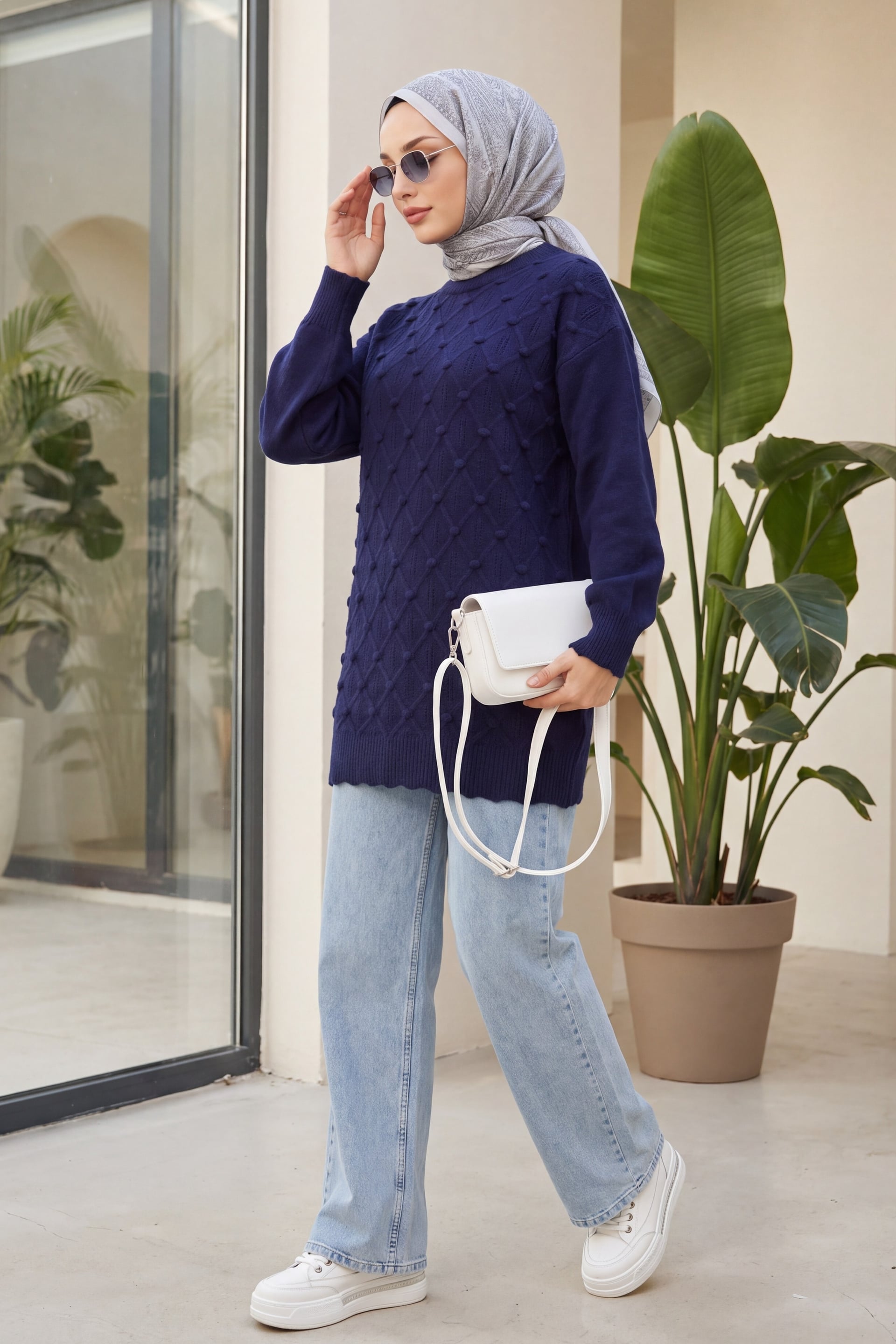 Pom Pom Front Checked Slouchy Knit Tunic in Navy Blue - Podyumplus - by Peralane - photo 3