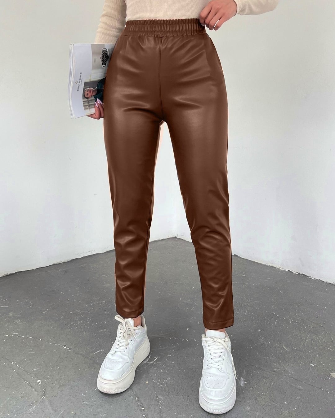 Elasticated Waist Faux Leather Trousers - Tan - Podyumplus - by Peralane