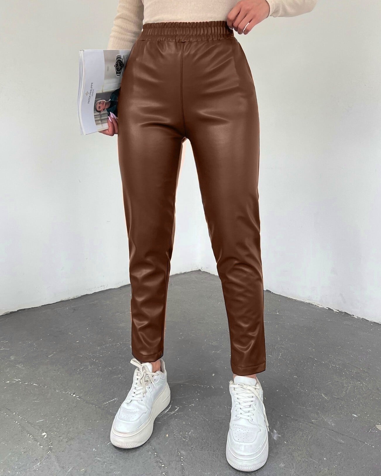 Elasticated Waist Faux Leather Trousers - Tan - Podyumplus - by Peralane