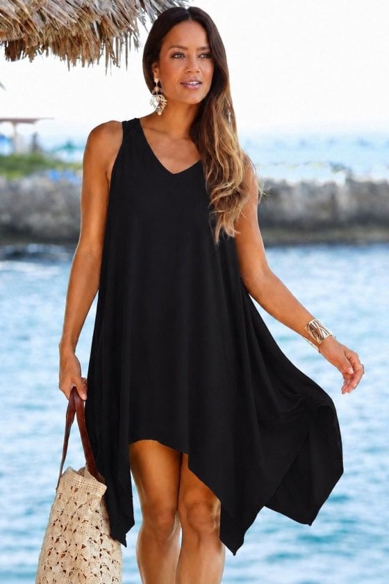 Women's Sleeveless V-Neck Asymmetrical Short Viscose Dress - Janes - by Peralane